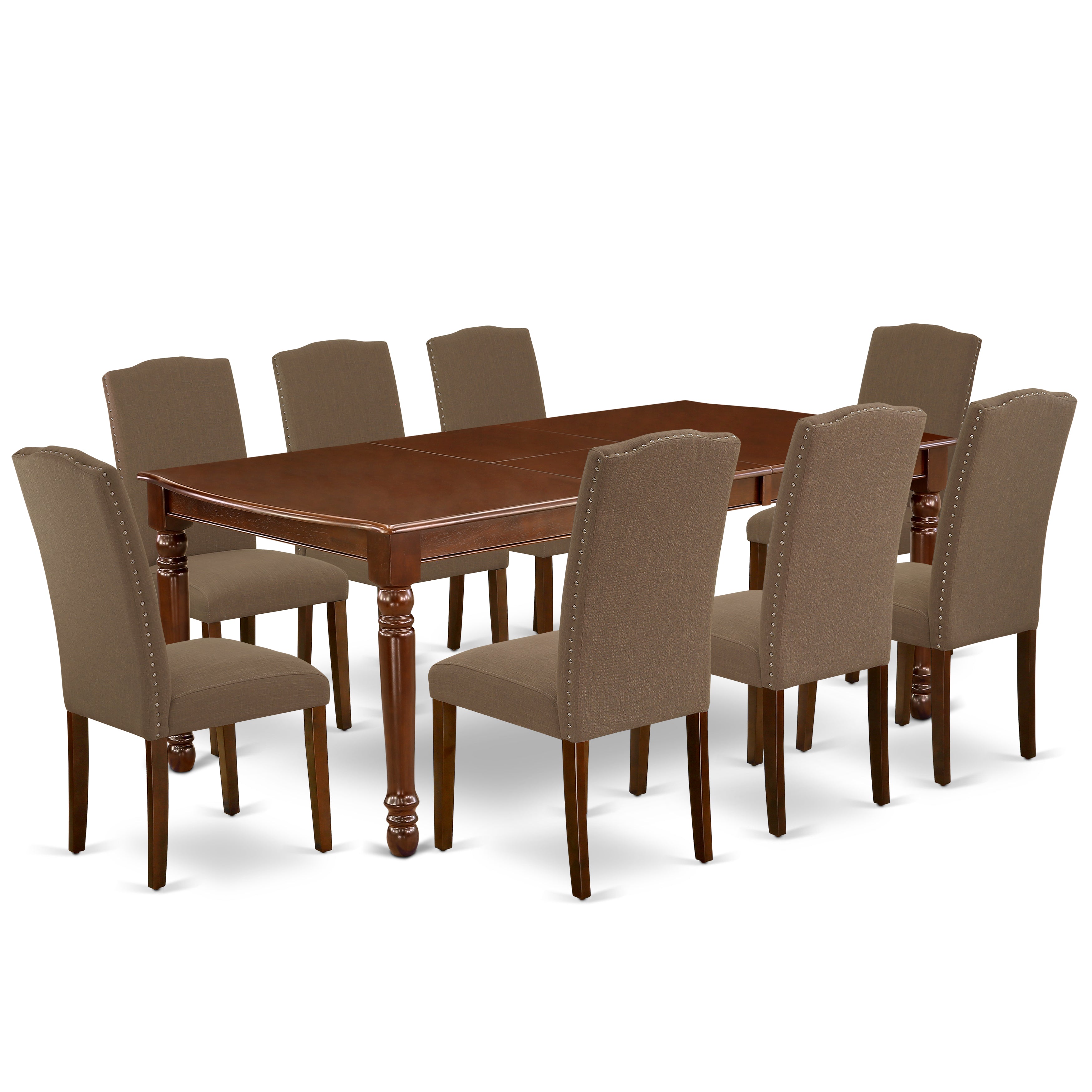 DOEN9-MAH-18 9Pc Rectangle 60/78 Inch Dining Table With 18 In Leaf And 8 Parson Chair With Mahogany Leg And Linen Fabric Dark Coffee