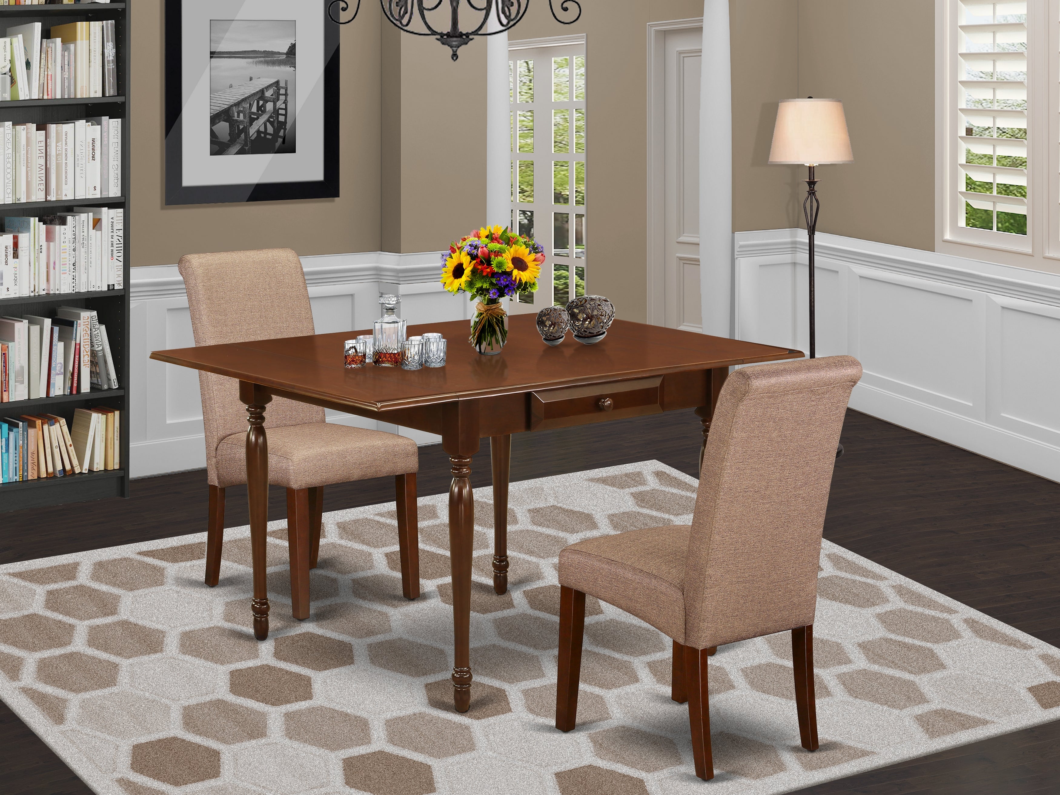East West Furniture MZBA3-MAH-18 3Pc Dining Room Table Set Consists of a Small Kitchen Table and 2 Upholstered Dining Chairs with Brown Linen fabric Color Linen Fabric, Drop Leaf Table with Full Back Chairs, Mahogany Finish
