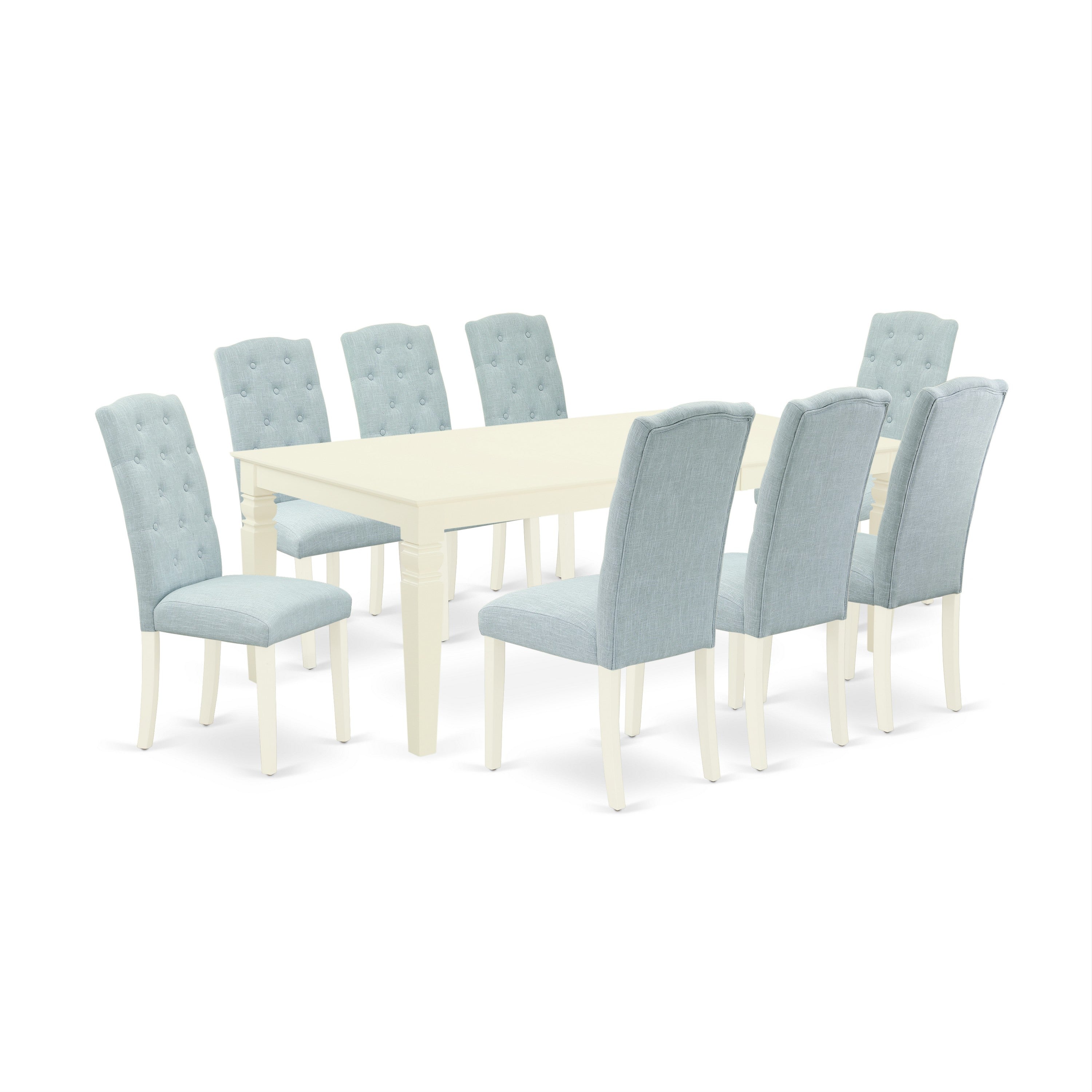 LGCE9-LWH-15 9Pc Dining Set Includes a Rectangle Dining Table with Butterfly Leaf and Eight Parson Chairs with Baby Blue Fabric, Linen White Finish