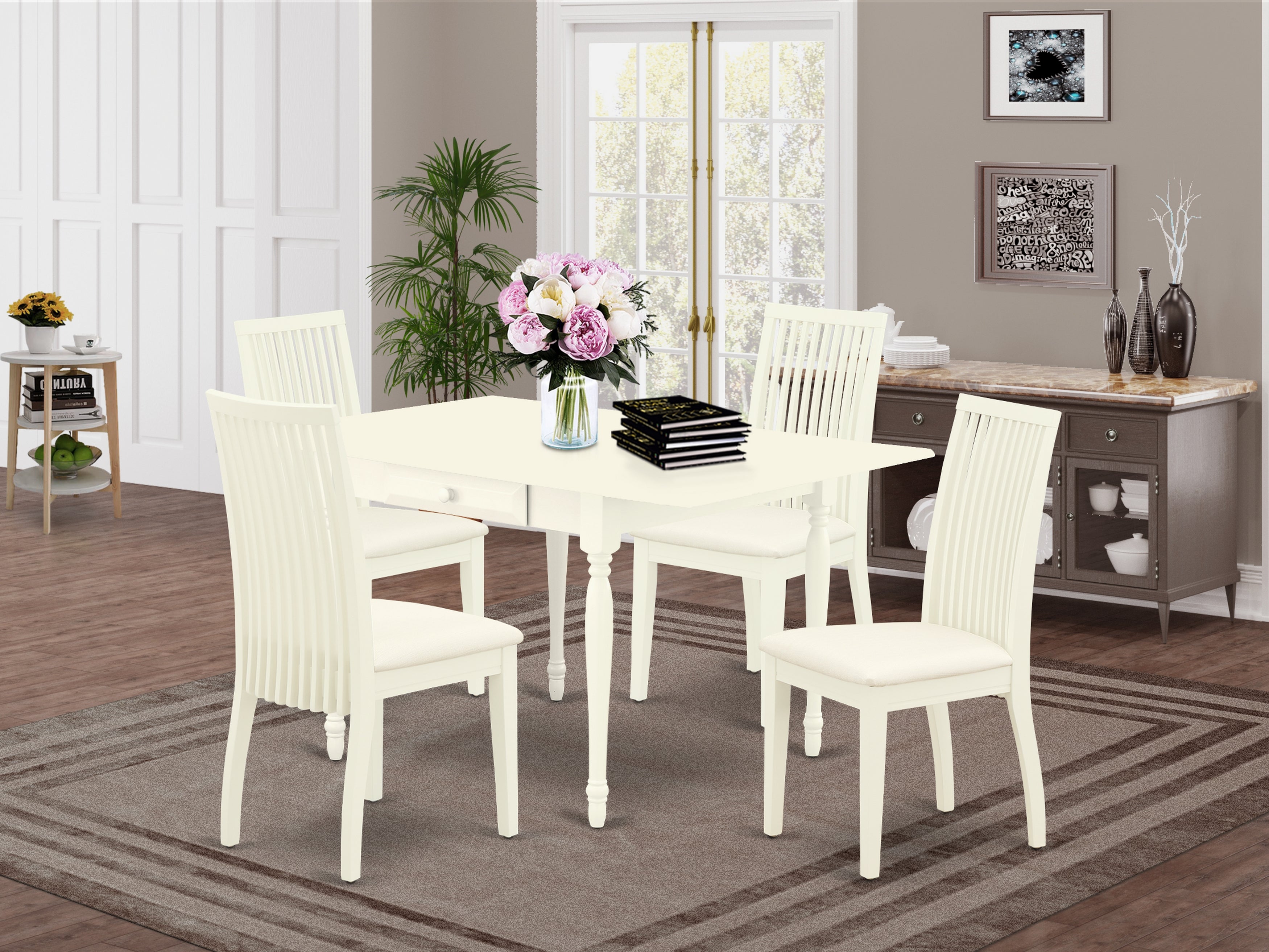 East West Furniture MZIP5-LWH-C 5 Pieces Dining Table set - Strong Drop Leaf Wooden Dining Room Table and 4 Microfiber Upholstery Seat Dining Room Chairs, Linen White Finish