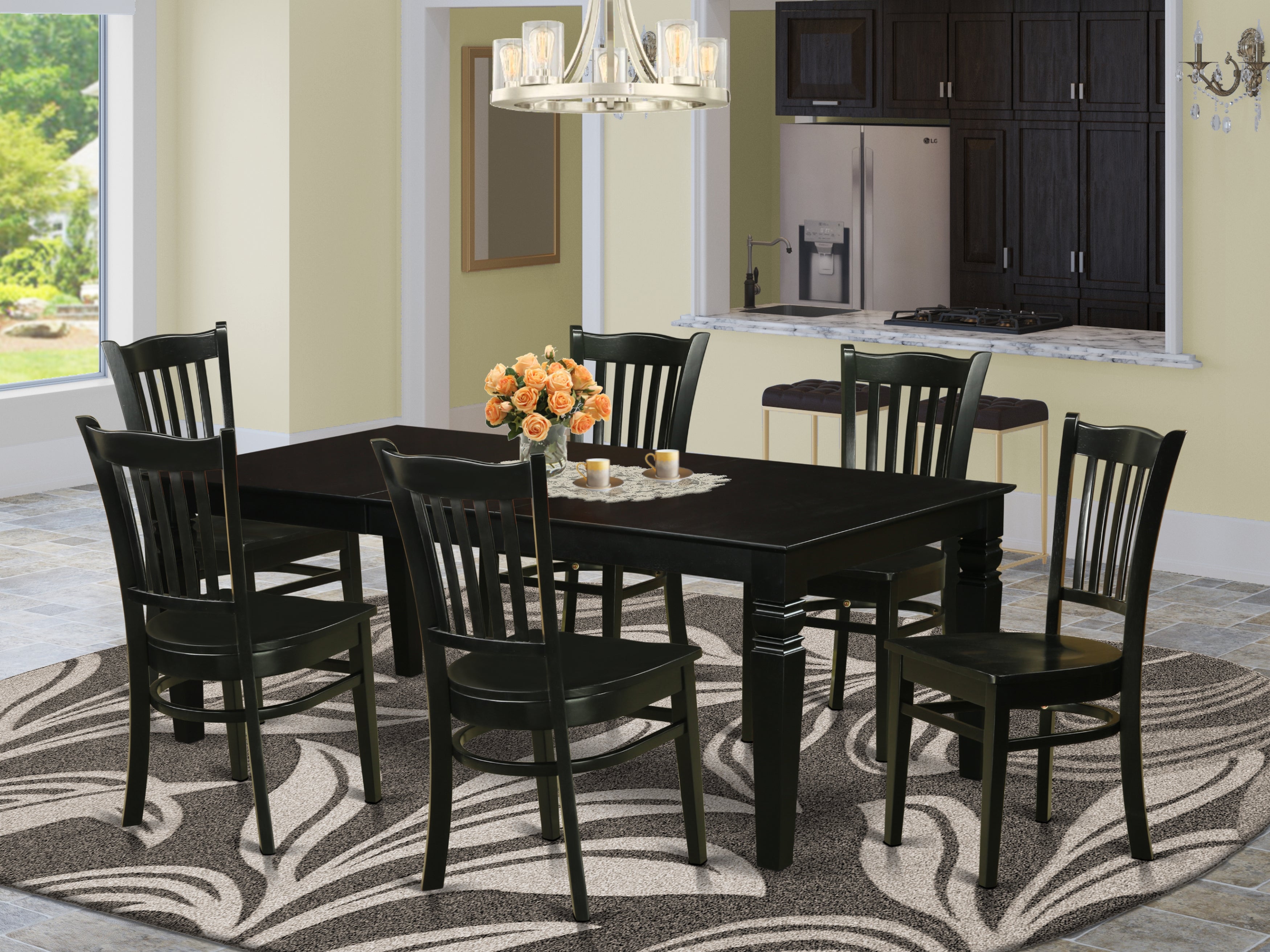 LGGR7-BLK-W 7 Pc Dining set with a Dining Table and 6 Wood Kitchen Chairs in Black