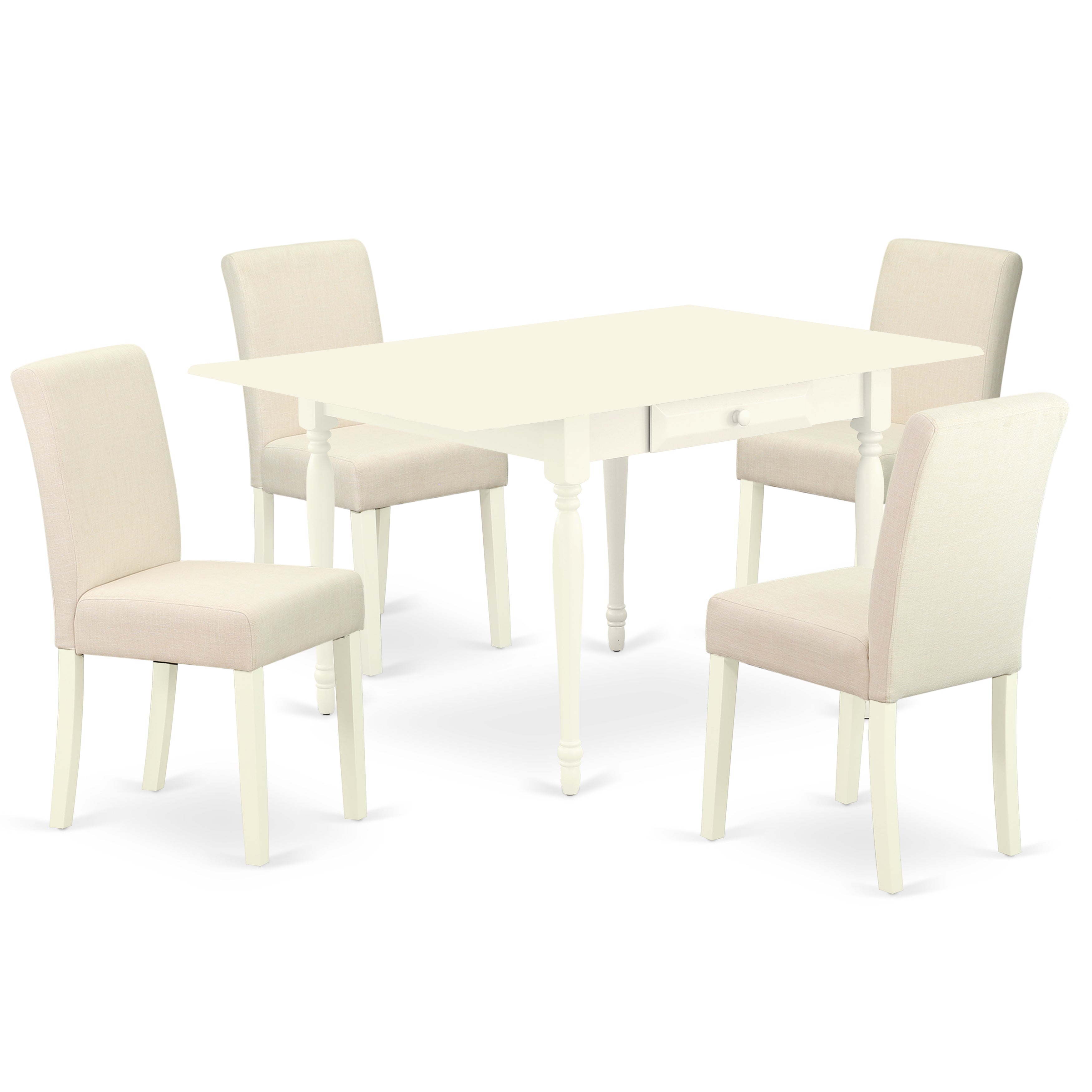 East West Furniture MZAB5-LWH-02 5Pc Kitchen Set Consists of a Modern Dining Table and 4 Parson Chairs with Light Beige Color Linen Fabric, Drop Leaf Table with Full Back Chairs, Linen White Finish