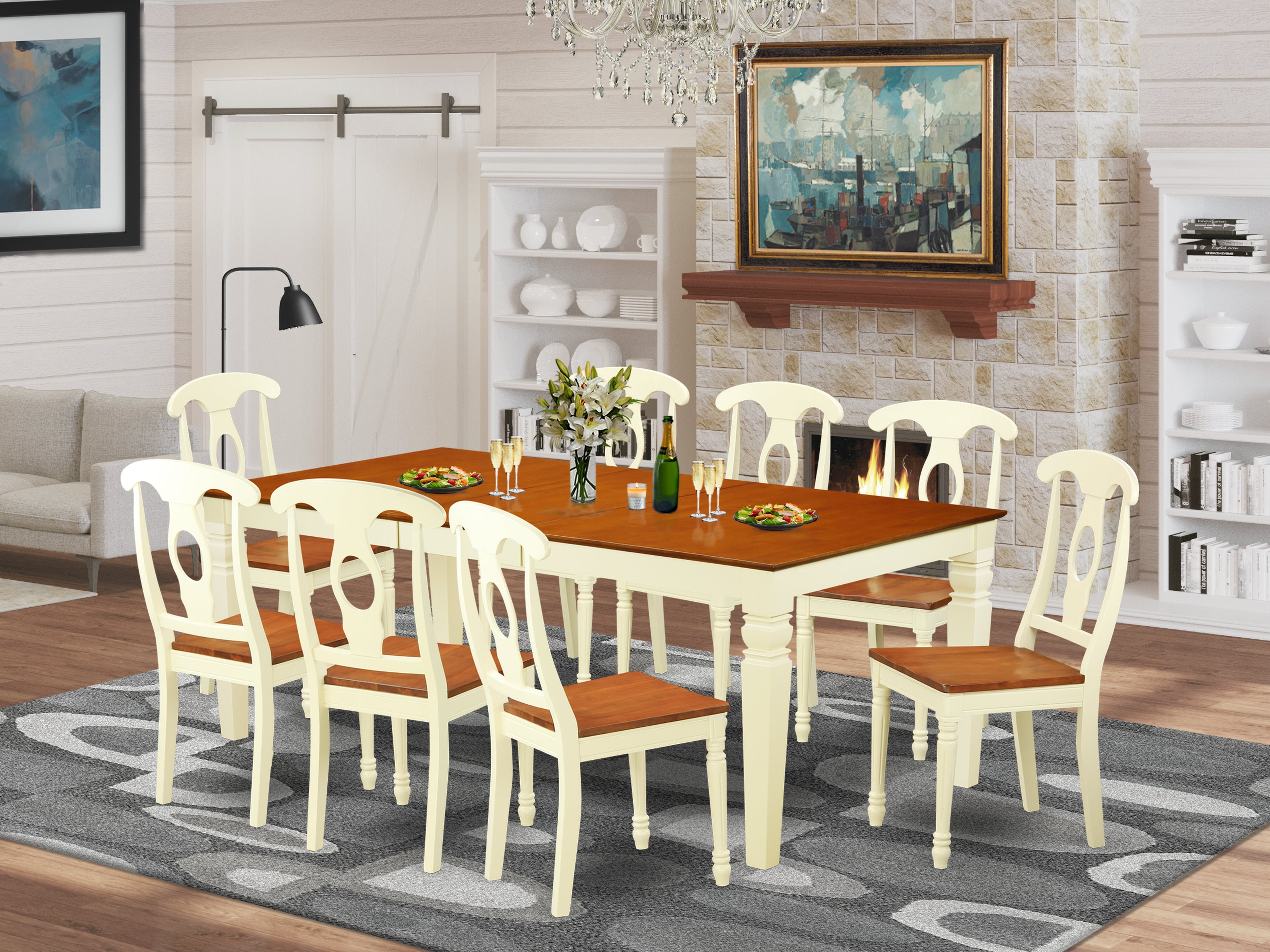 LGKE9-BMK-W 9 PC Kitchen dinette set with a Dining Table and 8 Kitchen Chairs in Buttermilk and Cherry