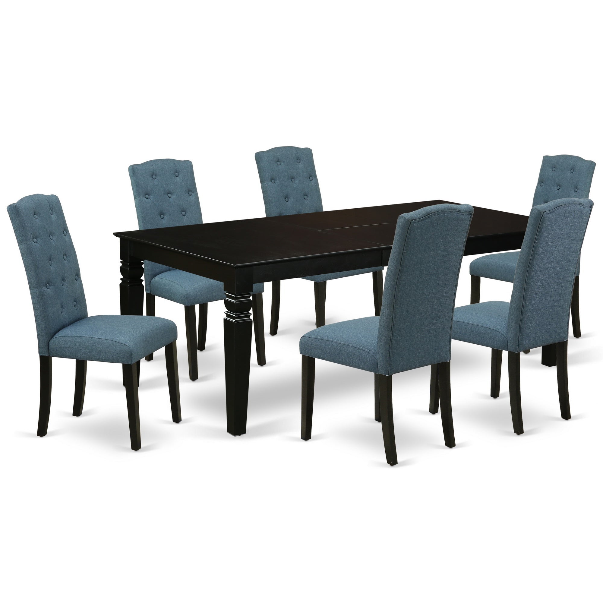 LGCE7-BLK-21 7Pc Dinette Set Includes a Rectangular Kitchen Table with Butterfly Leaf and Six Parson Chairs with Blue Fabric, Black Finish