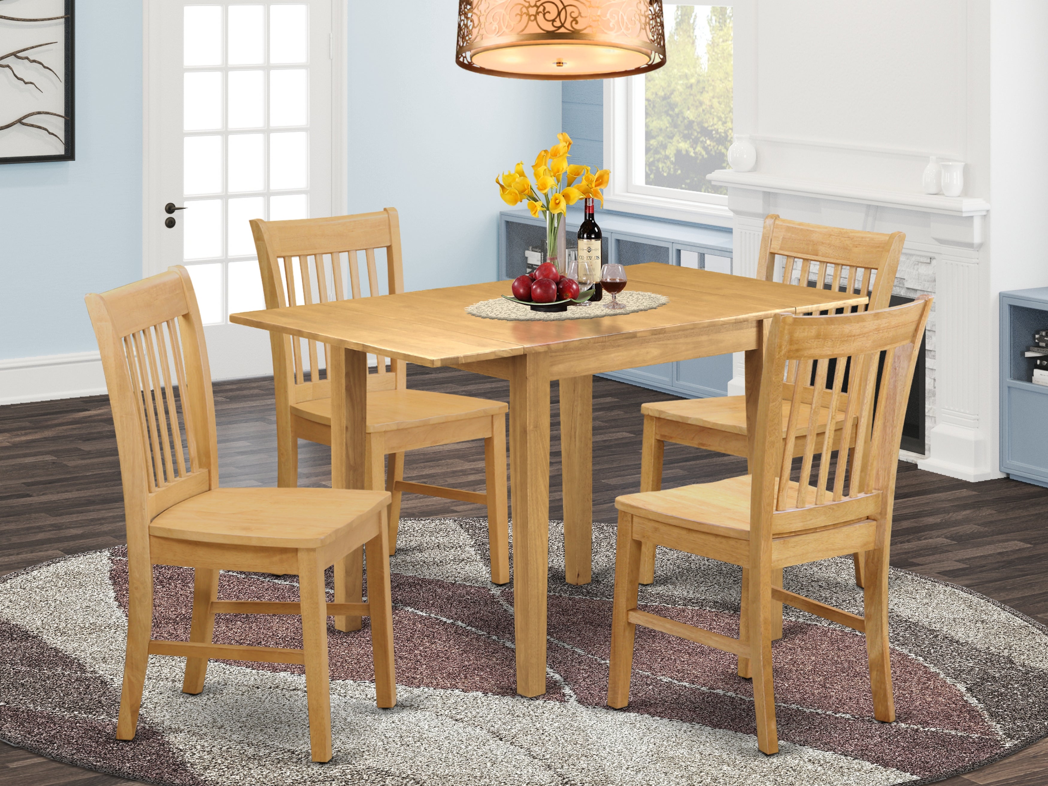 East West Furniture NDNO5-OAK-W 5Pc Dinette Set for Small Spaces Includes a Small Table and 4 Dining Room Chair with Asian Hardwood Seat and Slat Back, Oak Finish