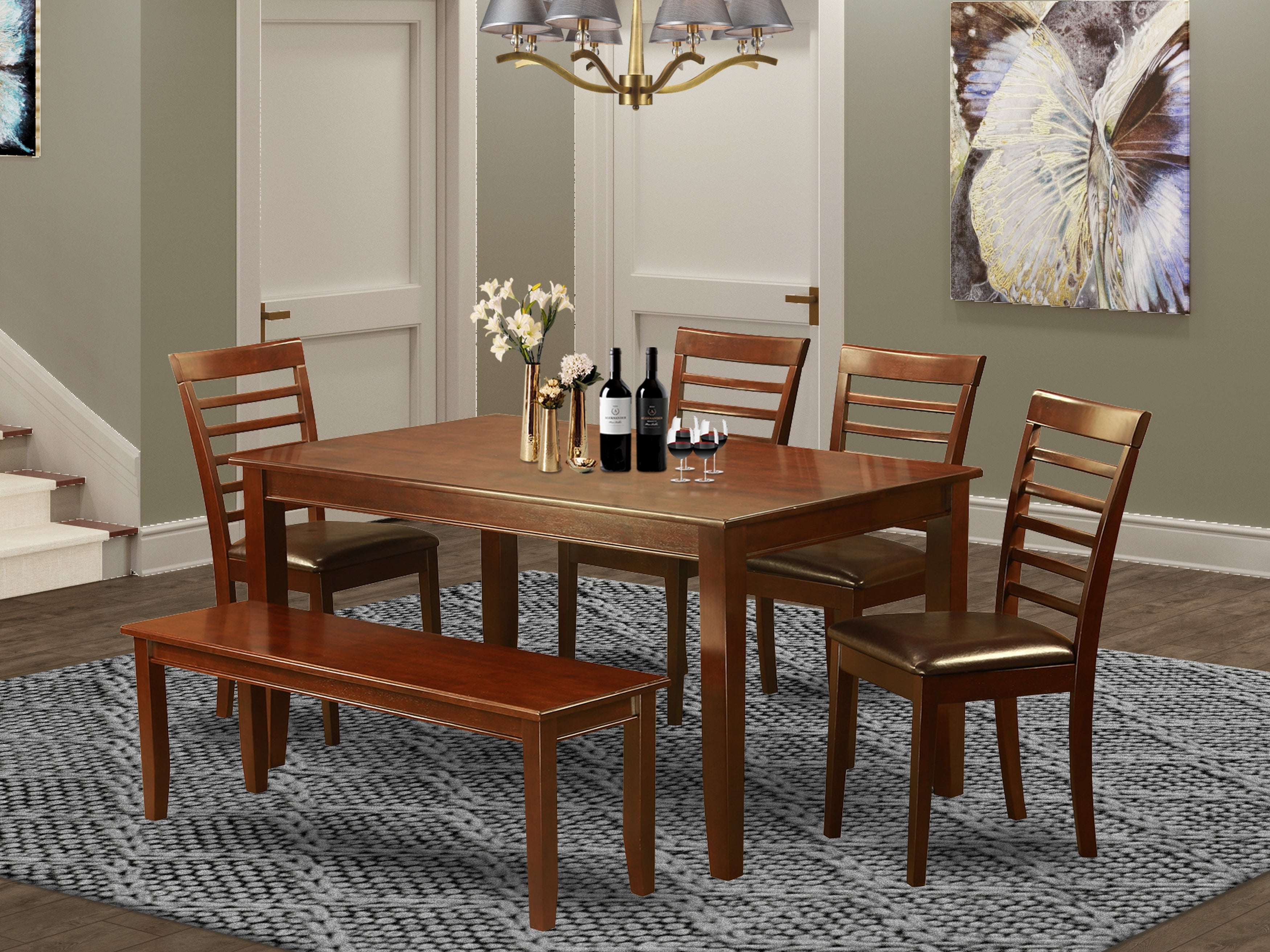 DUML6D-MAH-LC 6 Pc Dining set with bench - Dining Table with 4 Dining Chairs plus Bench