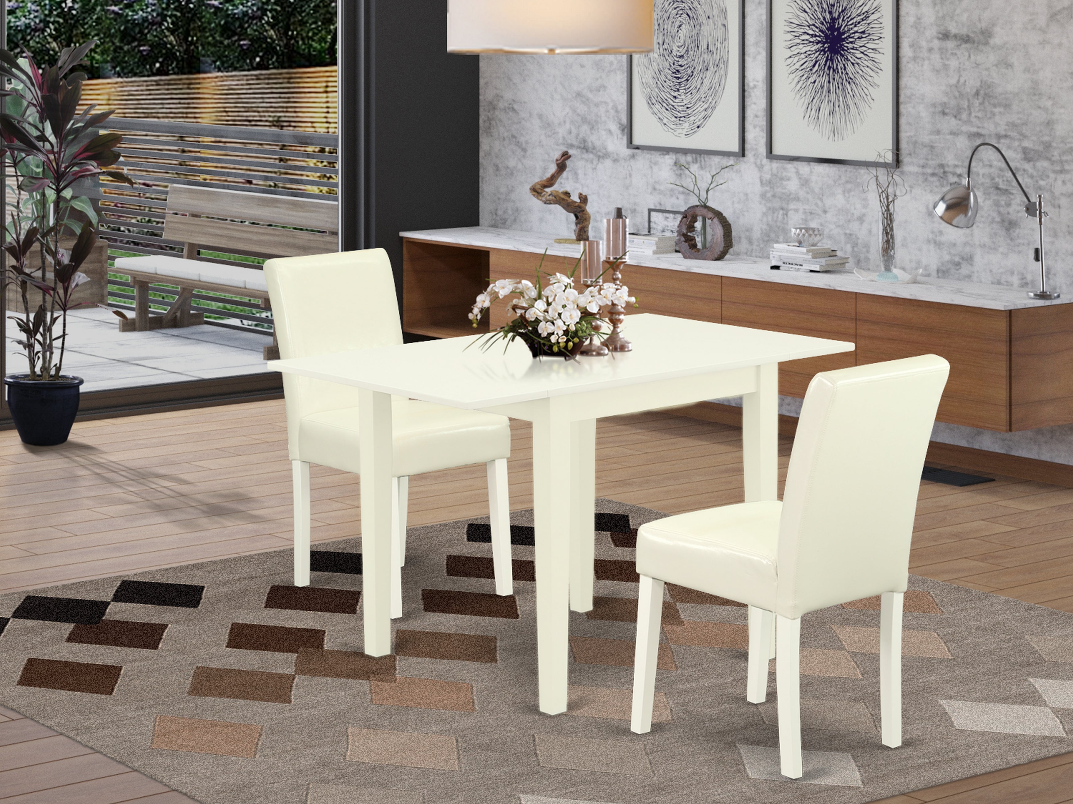 East West Furniture NDAB3-LWH-64 Dining Set 3 Pc - 2 Dining Room Chairs and a Modern Dining Table - Linen White Finish Hardwood - White Color Pu Leather