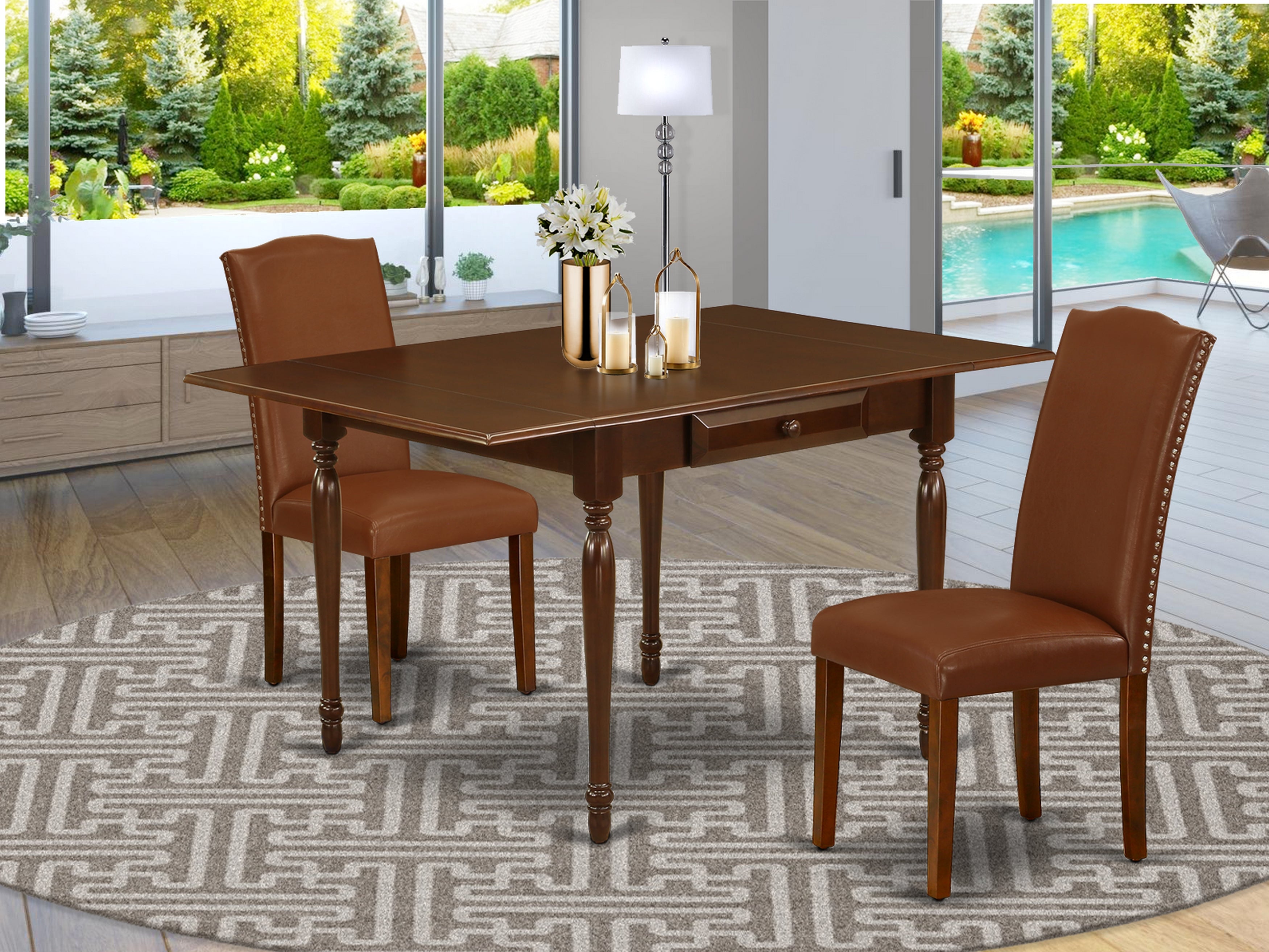 East West Furniture MZEN3-MAH-66 3Pc Dinette Set Contains a Dining Room Table and 2 Parson Dining Chairs with Brown Color PU Leather, Drop Leaf Table with Full Back Chairs, Mahogany Finish