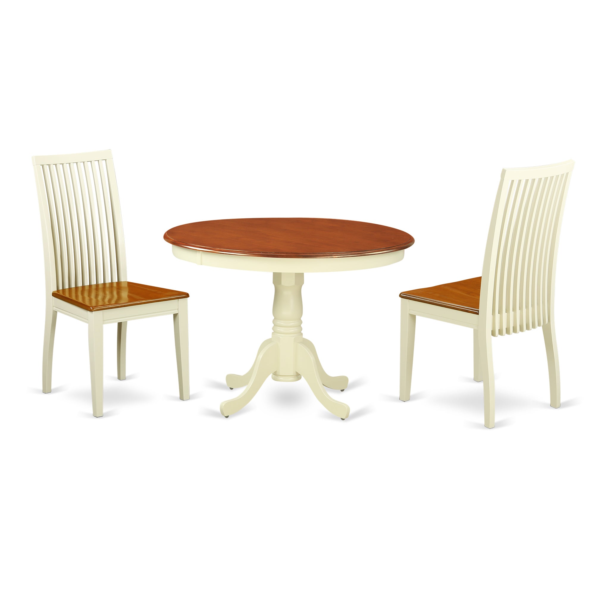 HLIP3-BMK-W 3 Piece Hartland Set With One Round 42in Dinette Table And Two Dinette Chairs With Wood Seat In A Beautiful Black And Cherry Finish.