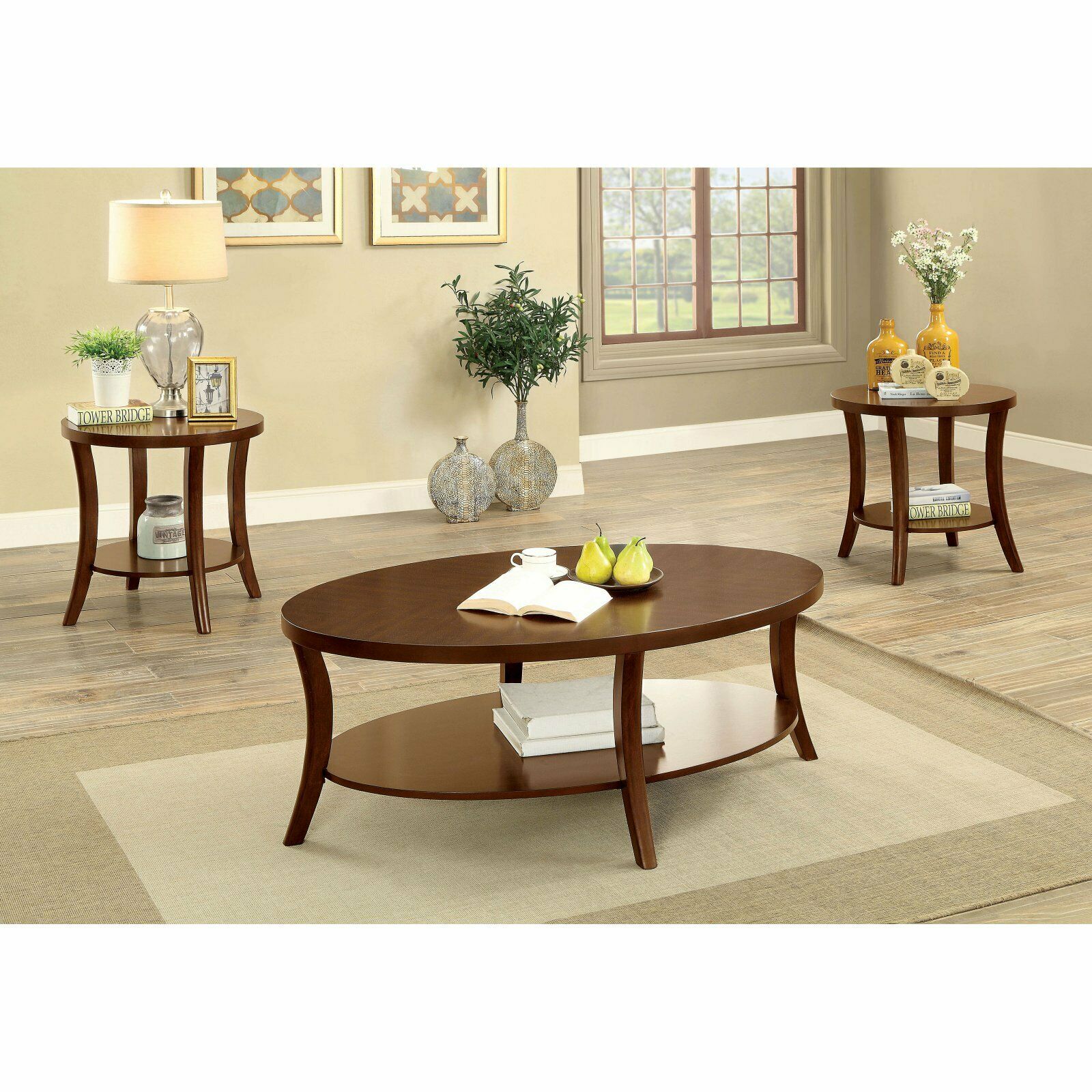 Camden Transitional Style 3 Piece Occasional Open Shelf Coffee And End Table Set