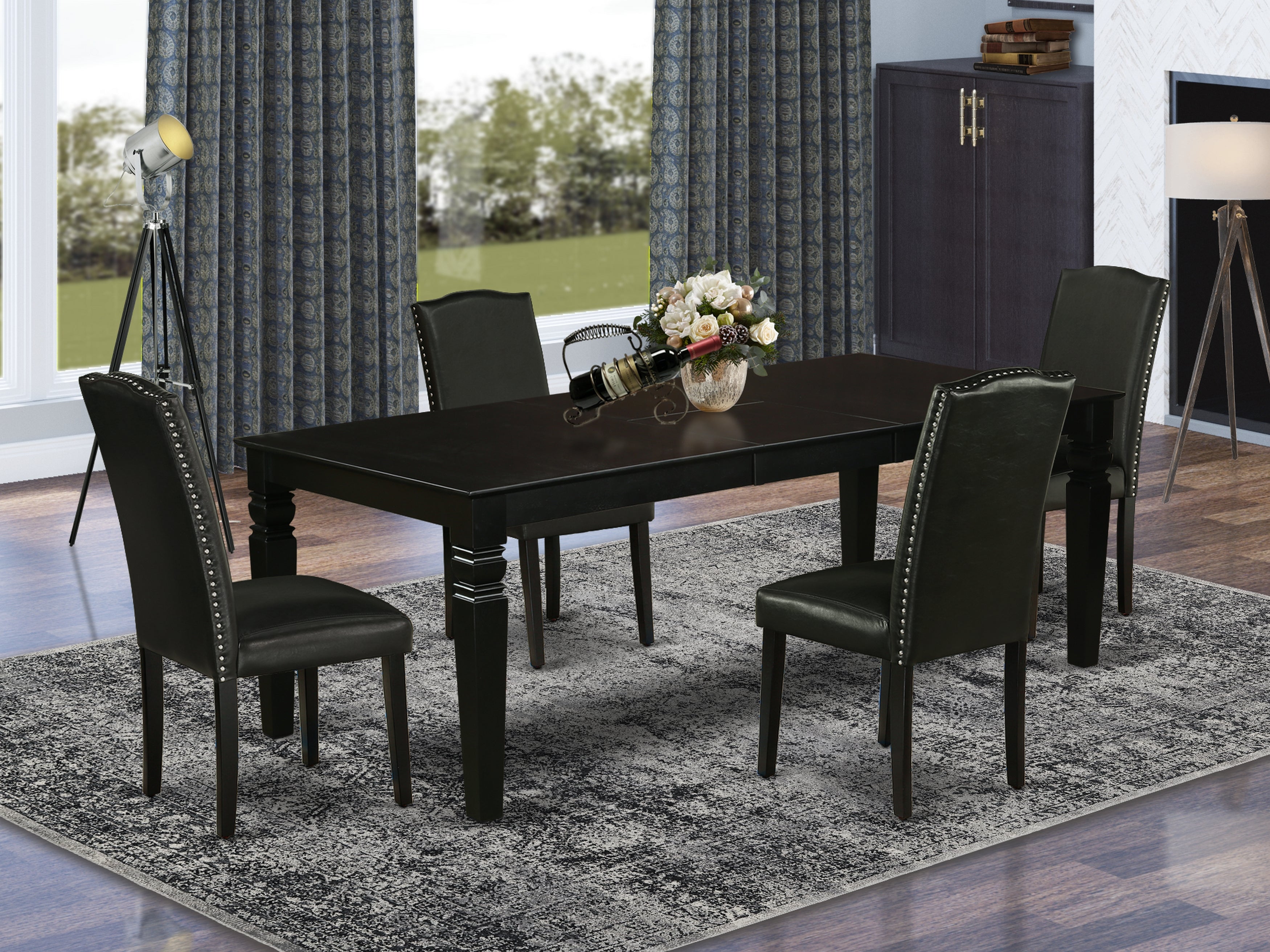 LGEN5-BLK-69 5Pc Rectangular 66/84 Inch Table With 18 In Leaf And Four Parson Chair With Black Leg And Pu Leather Color Black