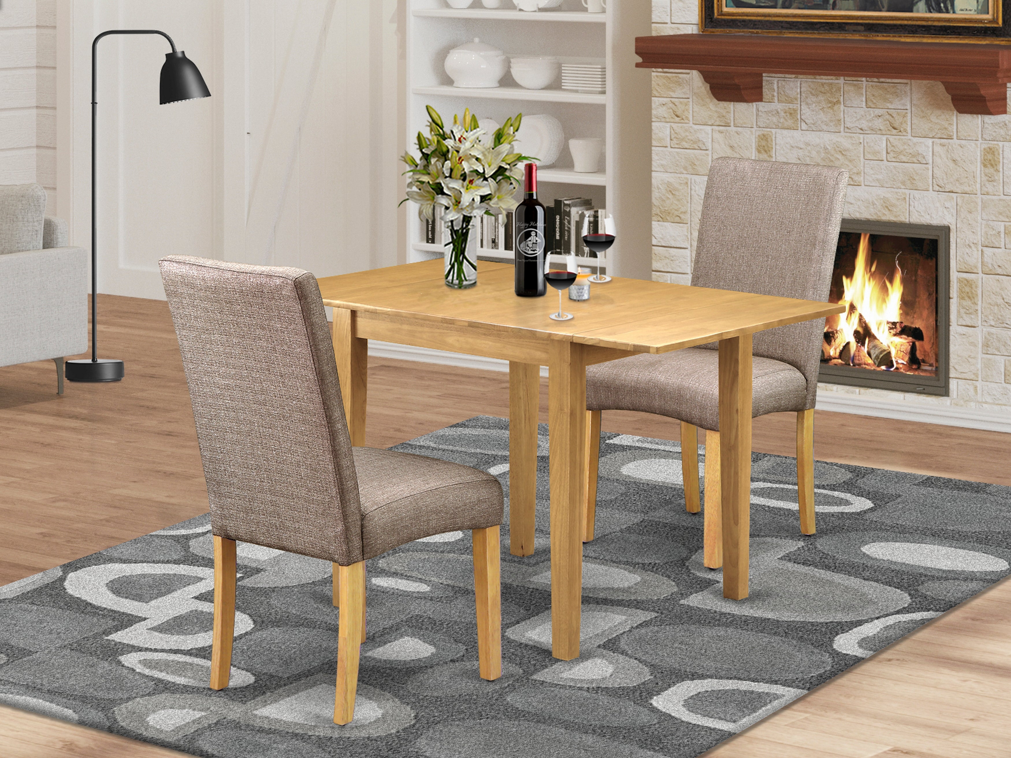 East West Furniture NDDR3-OAK-16 Dining Room Table Set 3 Pcs - 2 Chairs For Dining Room and a Dining Table - Oak Finish Solid wood - Dark Khaki Color Linen Fabric