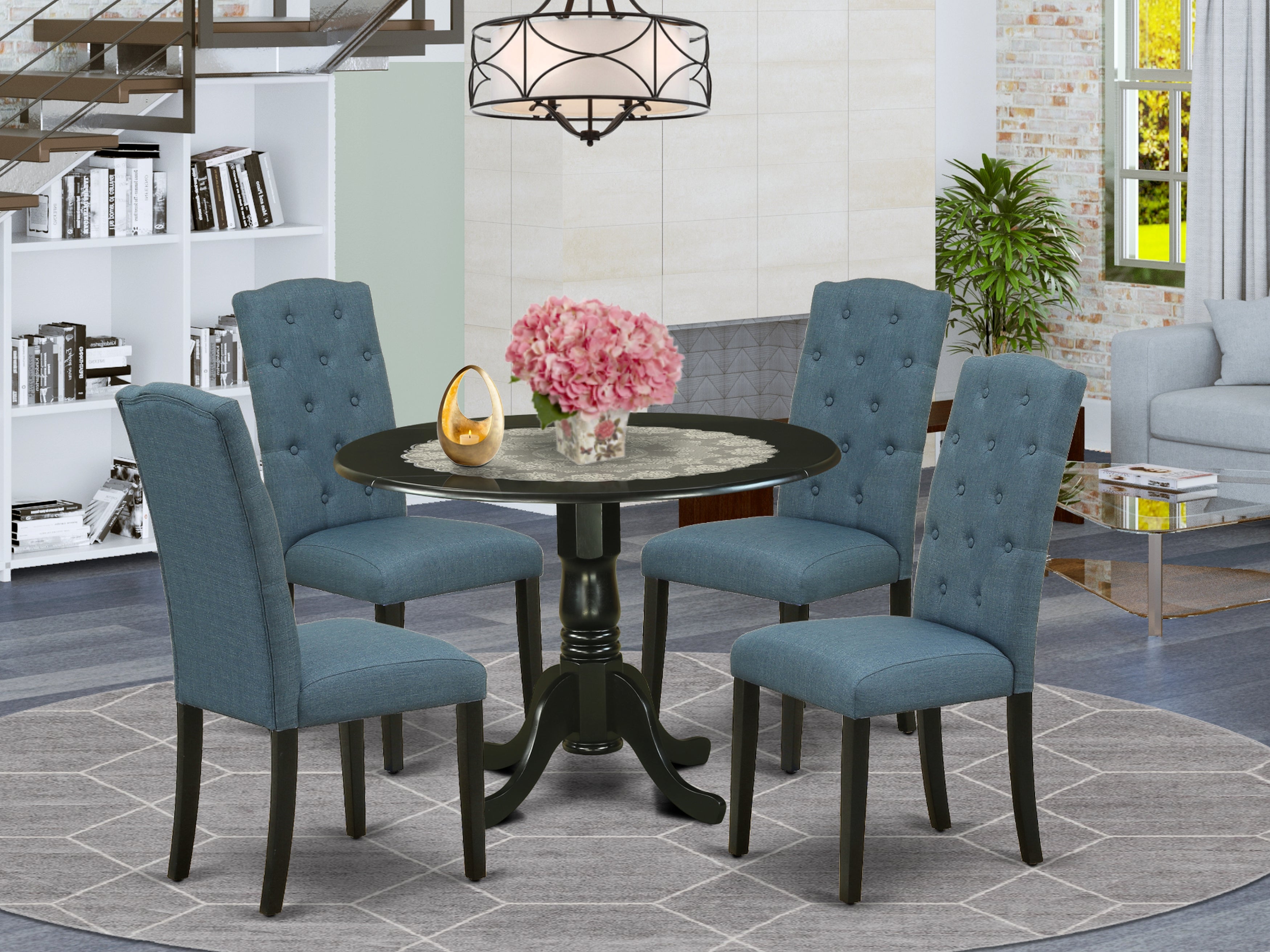 DLCE5-BLK-21 5Pc Dining Set Includes a Round Dinette Table with Drop Leaves and Four Parson Chairs with Blue Fabric, Black Finish