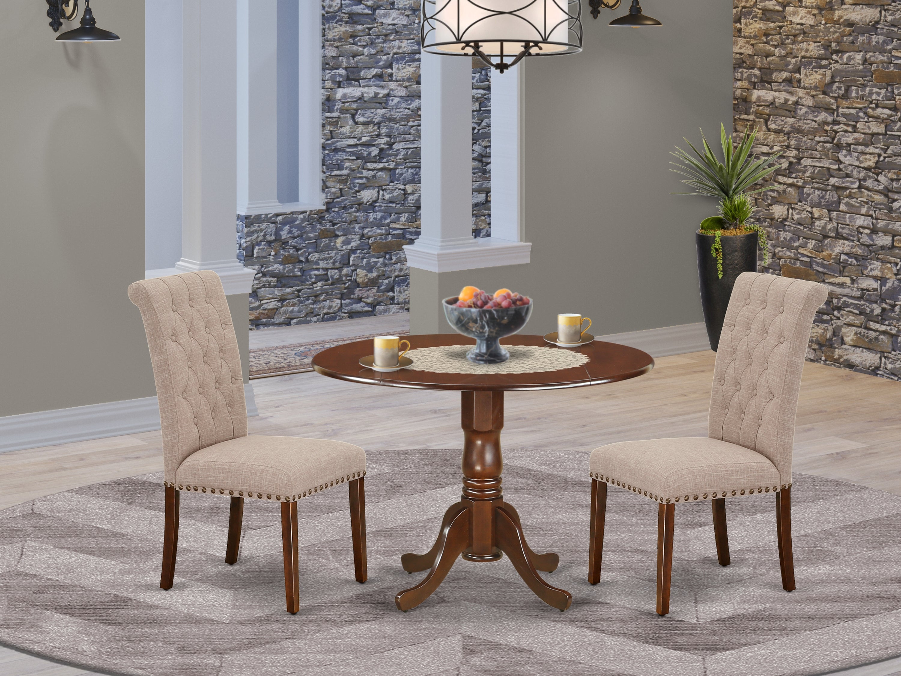 DLBR3-MAH-04 3Pc Dinette Set Includes a Rounded Kitchen Table with Drop Leaves and Two Parson Chairs with Light Fawn Fabric, Mahogany Finish
