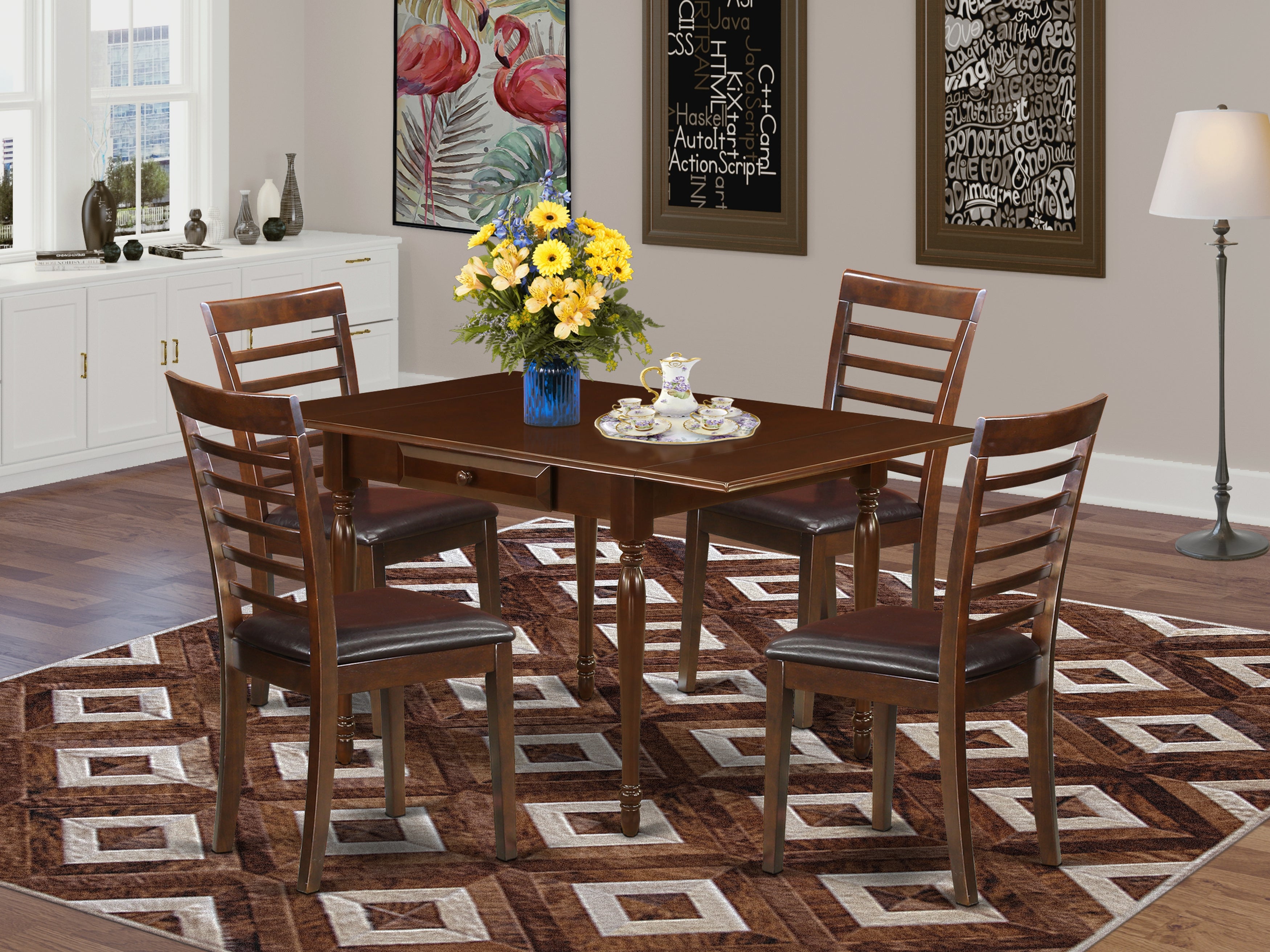East West Furniture MZML5-MAH-LC 5 Pieces Dining Room Table set - Durable Two 9-Inch Drop Down Leaves Real Wood Rectangle Dining Table and 4 Faux Leather Seat Kitchen Chairs, Mahogany Finish