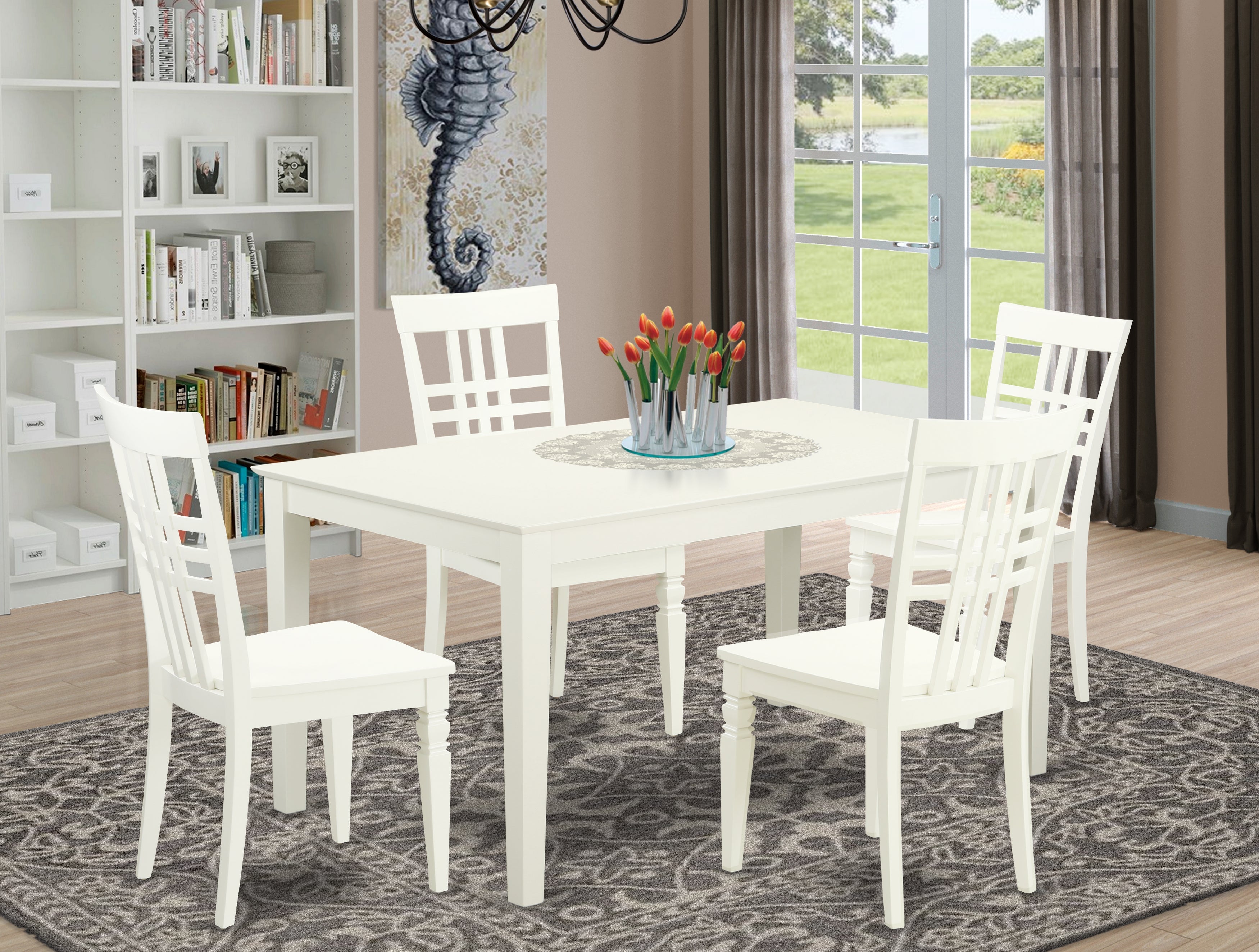 CALG5-LWH-W 5 Piece dining table set- Solid Top dining room table and 4 Wood Seat dining chairs