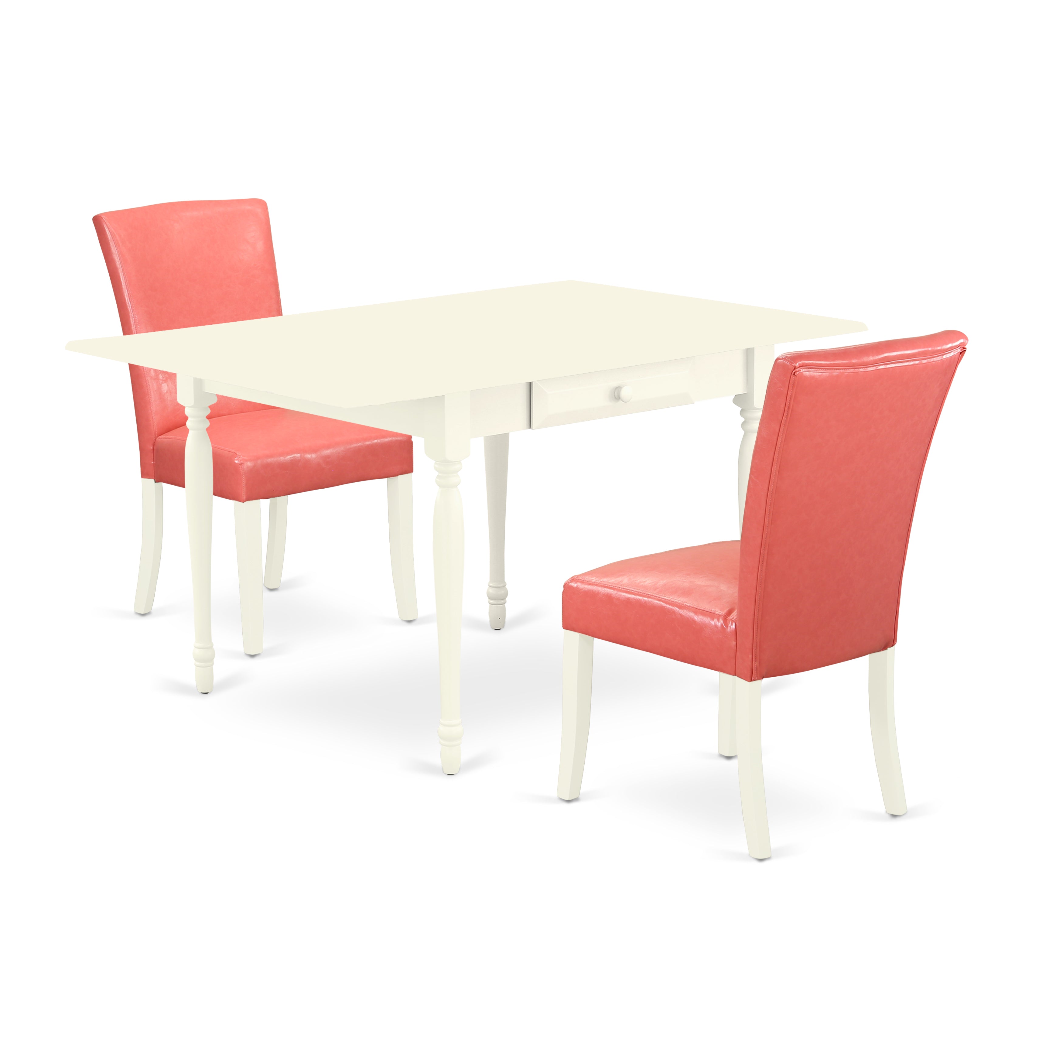 East West Furniture MZAL3-LWH-78 3Pc Dining Table Set for 2 Contains a Rectangle Table and 2 Parsons Dining Room Chairs with Pink Flamingo Color PU Leather, Drop Leaf Table with Full Back Chairs, Linen White Finish