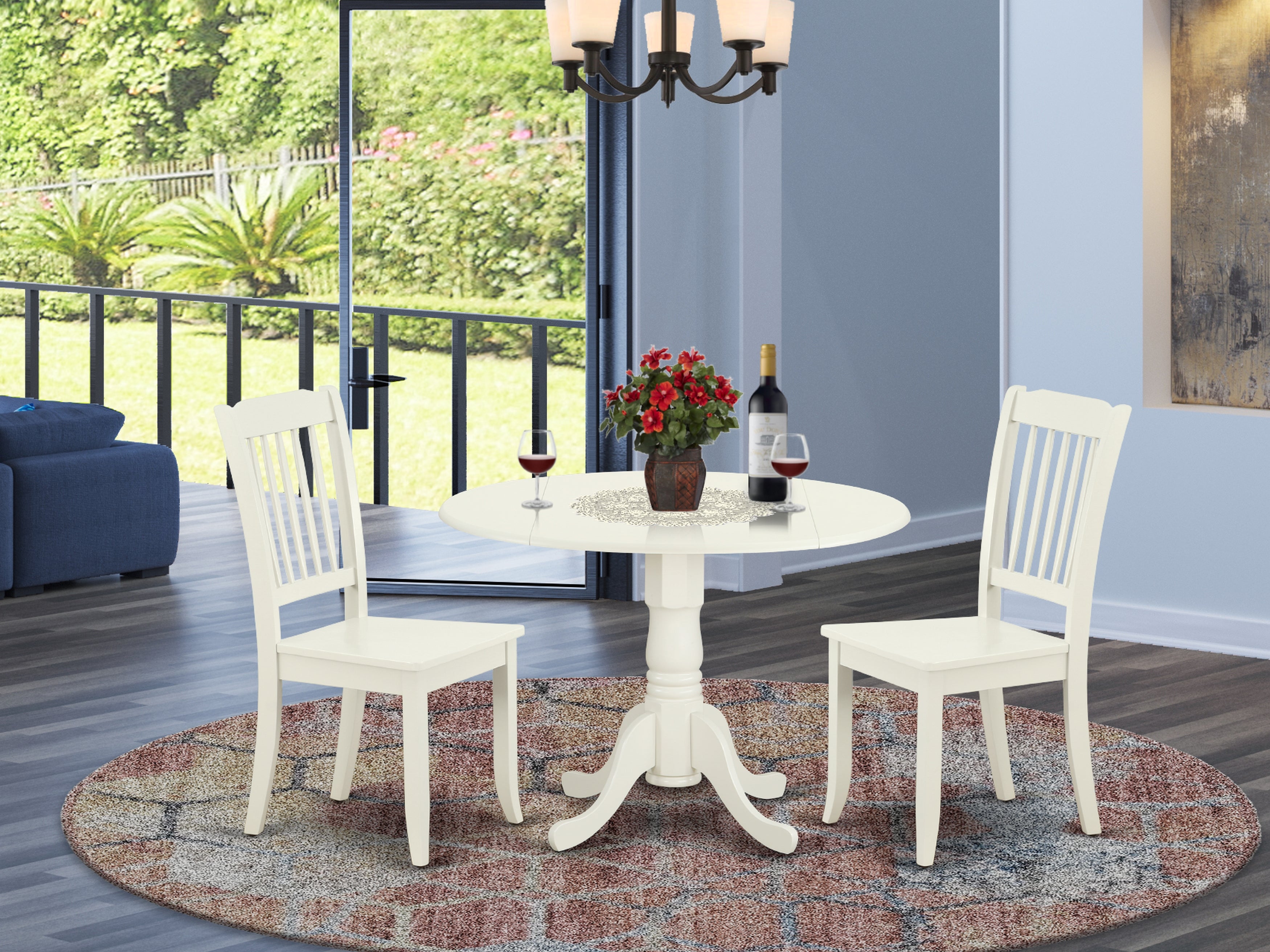 DLDA3-LWH-W 3PC Round 42 inch Table with Two 9-Inch Drop Leaves and 2 vertical slatted Chairs