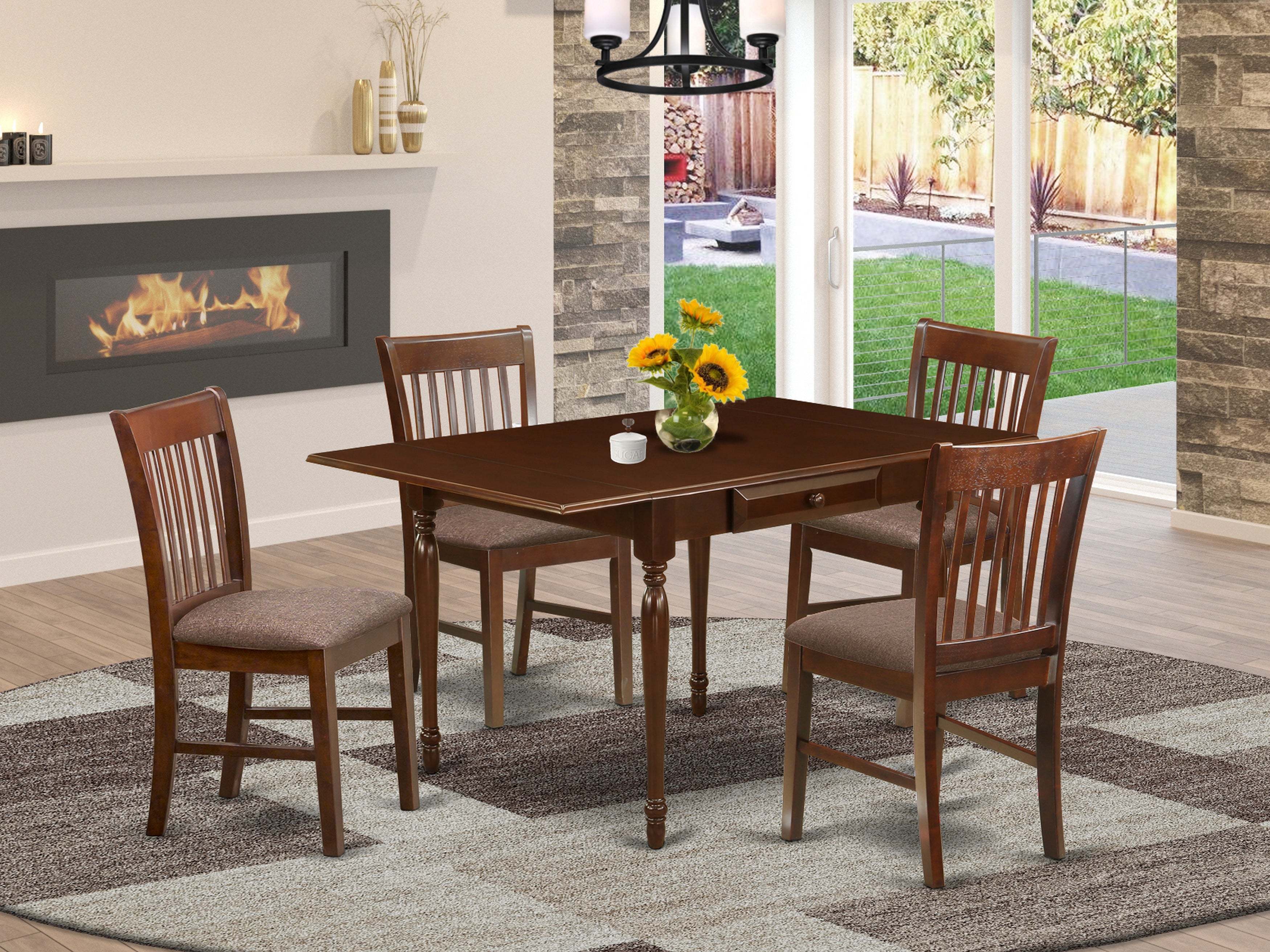 East West Furniture MZNO5-MAH-C 5 Pieces Dining Room Table set - Robust Two 9-Inch Drop Down Leaves Real Wood Dinette Table and 4 Chocolate Microfiber Upholstery Seat Wooden Dining Chairs, Mahogany Finish