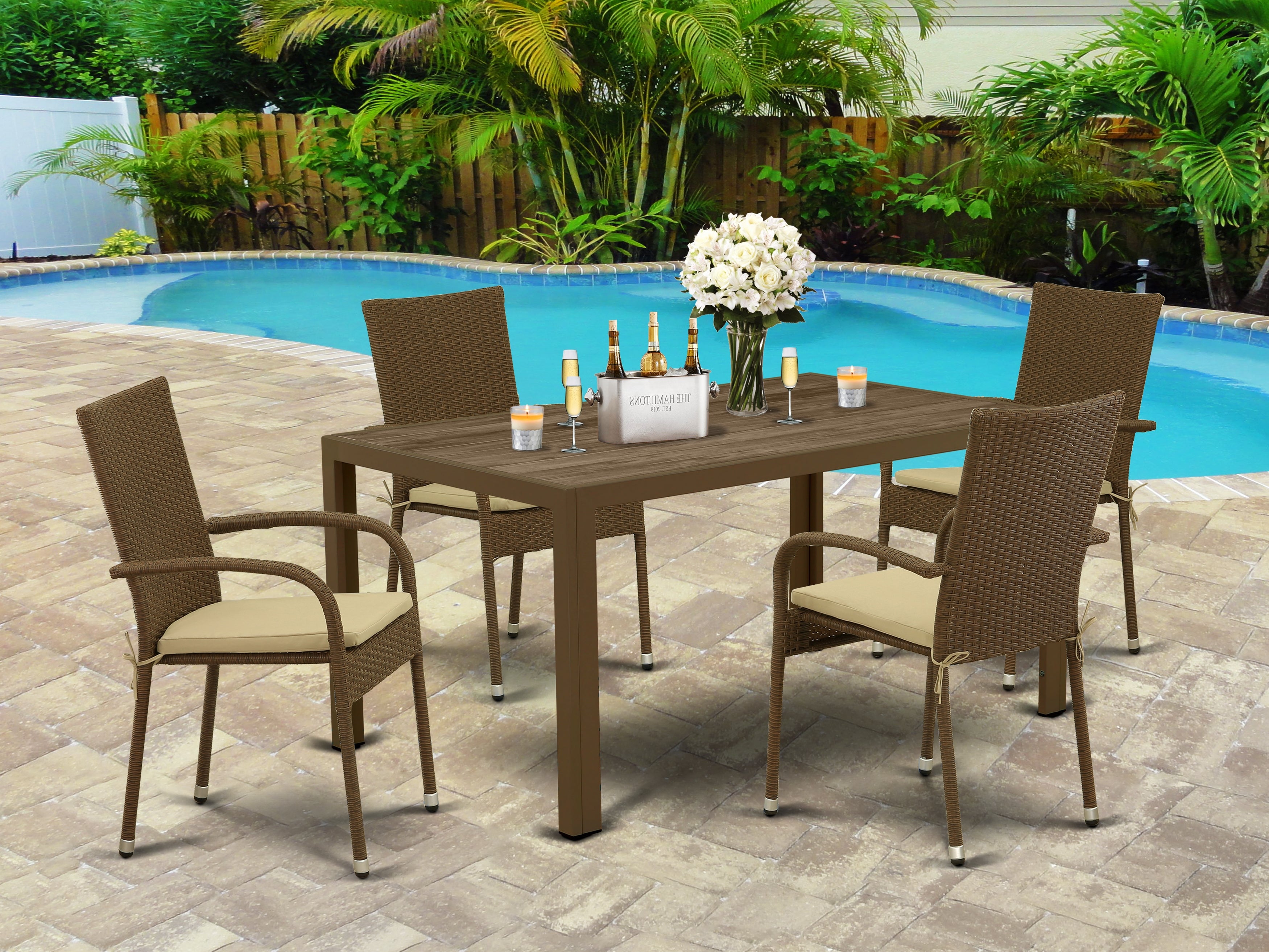 JUGU5-02A 5Pc Outdoor-Furniture Brown Wicker Dining Set Includes a Patio Table and 4 Balcony Backyard Armchair with Linen Fabric Cushion
