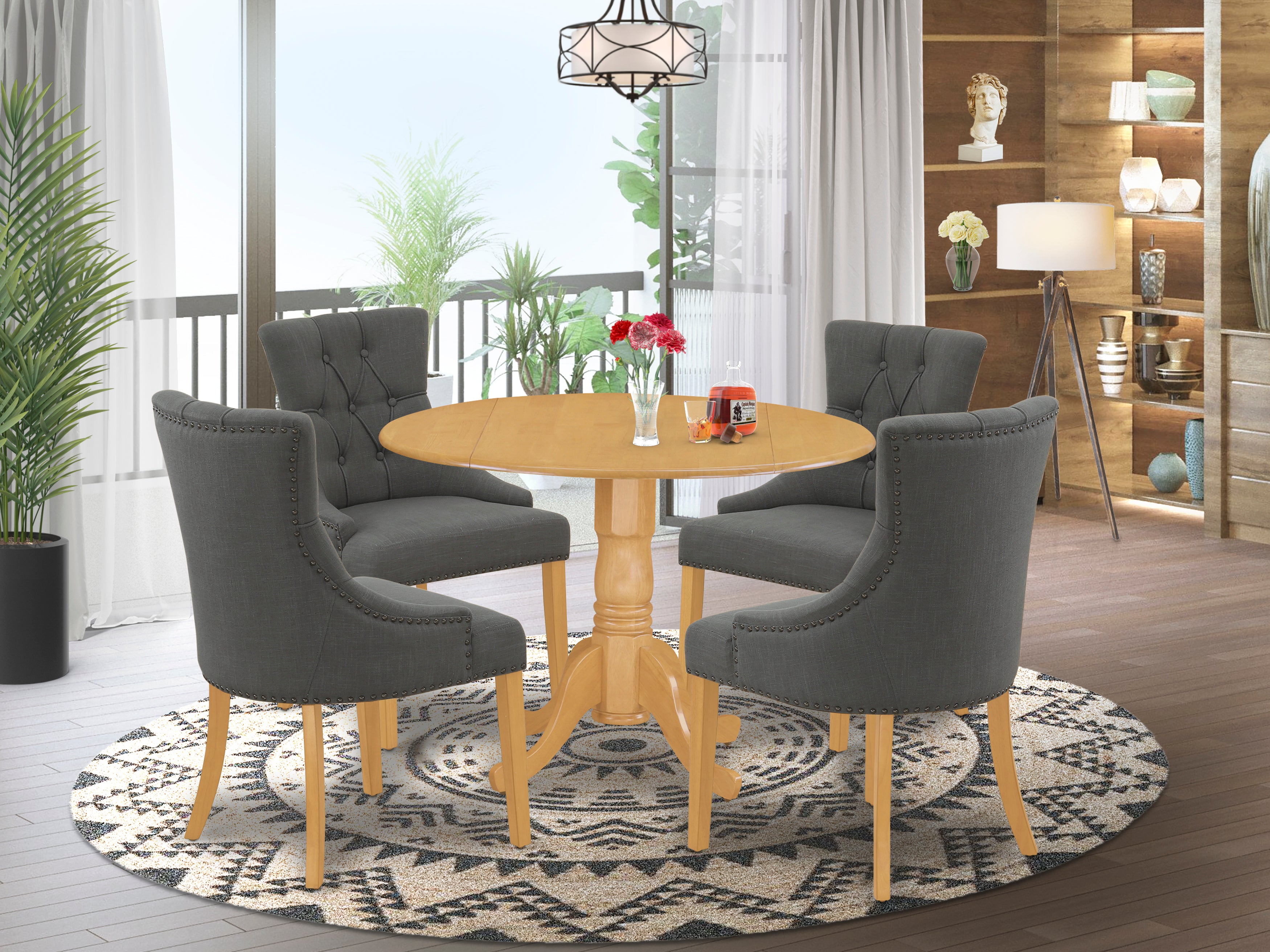DLFR5-OAK-20 5Pc Dining Set Includes a Round Dinette Table with Drop Leaves and Four Parson Chairs with Dark Gotham Grey Fabric, Oak Finish