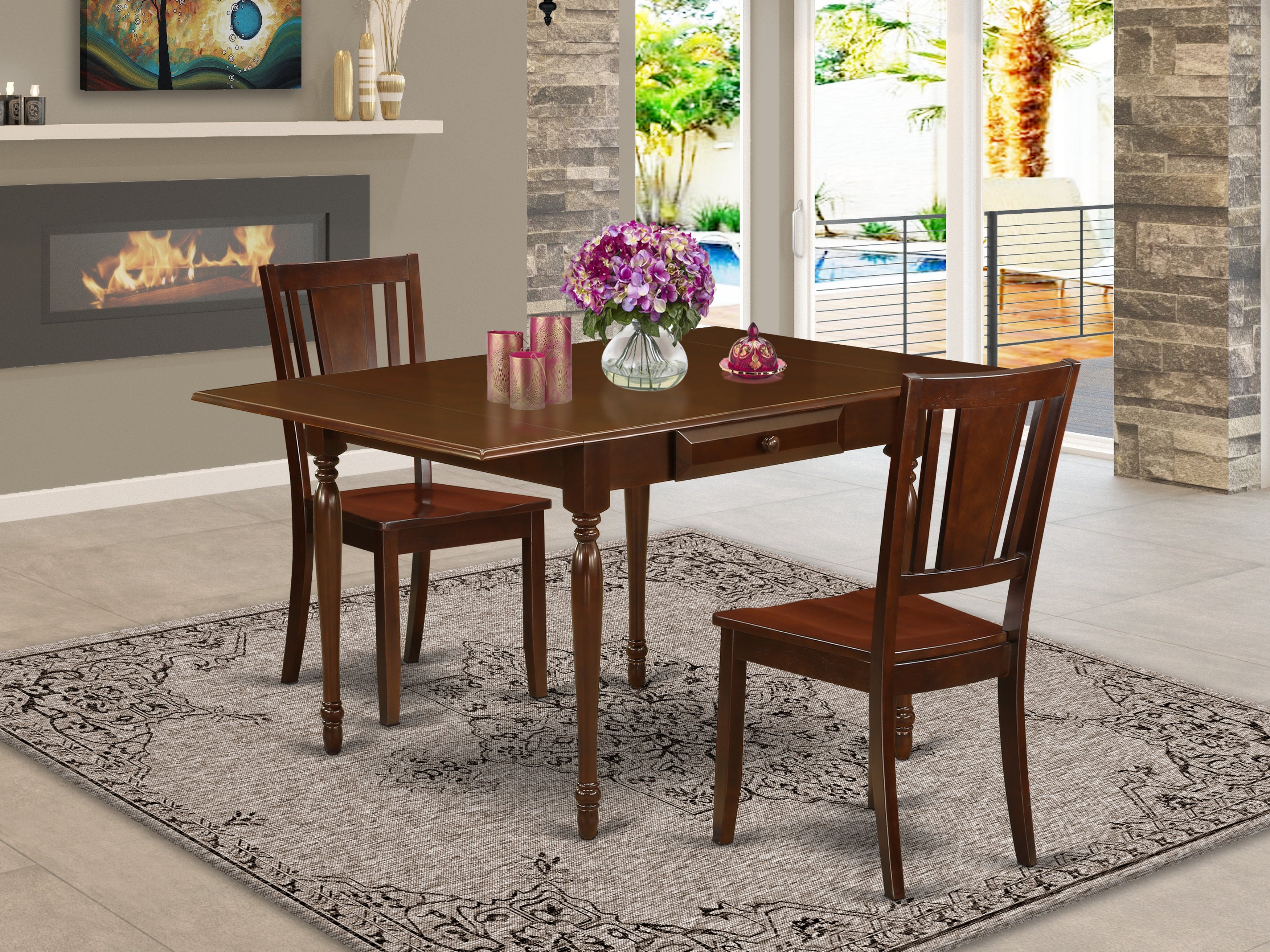East West Furniture MZDU3-MAH-W 3Pc Dining Room Table Set Includes a Small Table and 2 Wooden Dining Chairs with Solid Wood Seat, Drop Leaf Table with Panel Back Chairs, Mahogany Finish