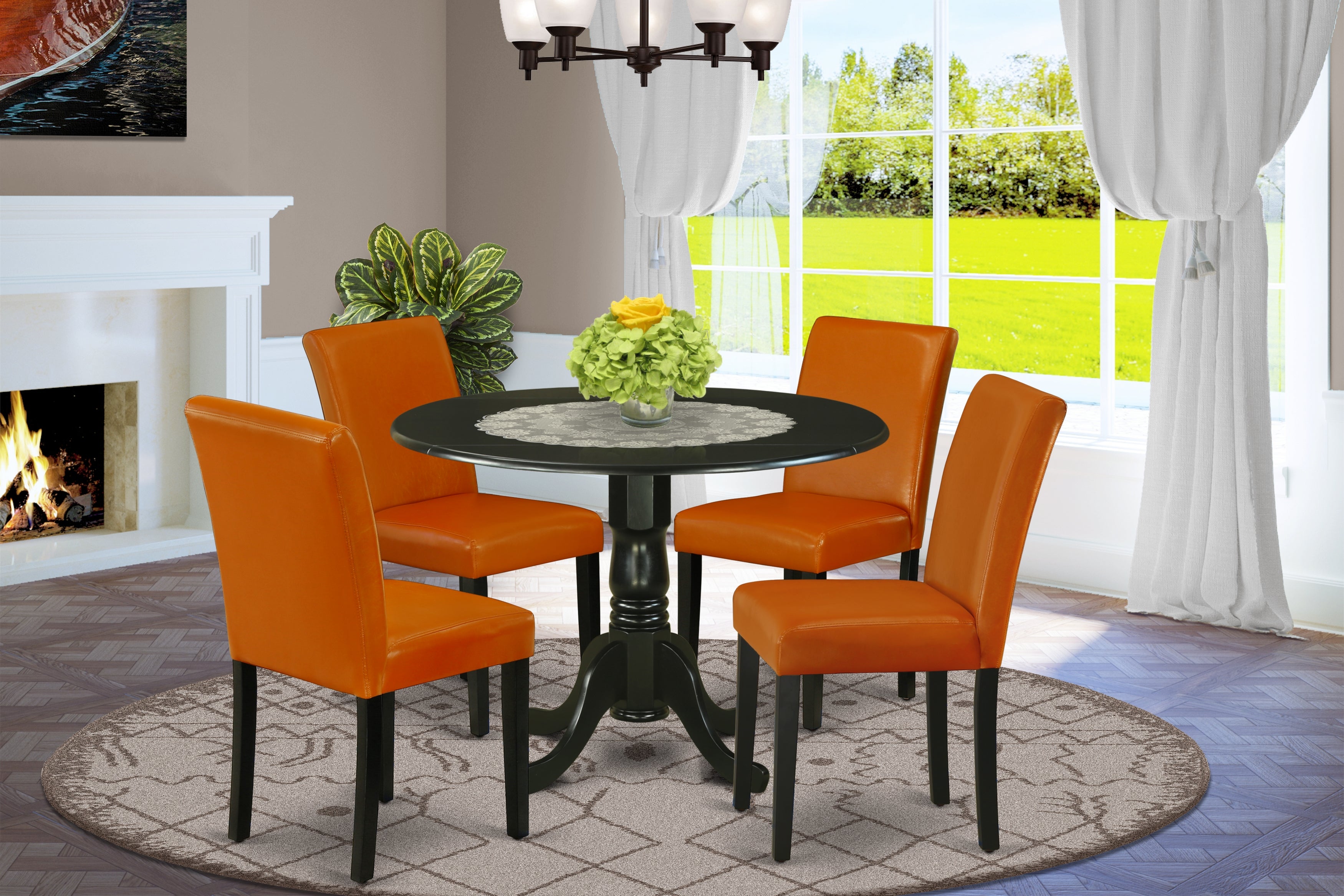DLAB5-BLK-61 5Pc Round 42" Kitchen Table With Two 9-Inch Drop Leaves And Four Parson Chair With Black Leg And Pu Leather Color Baked Bean