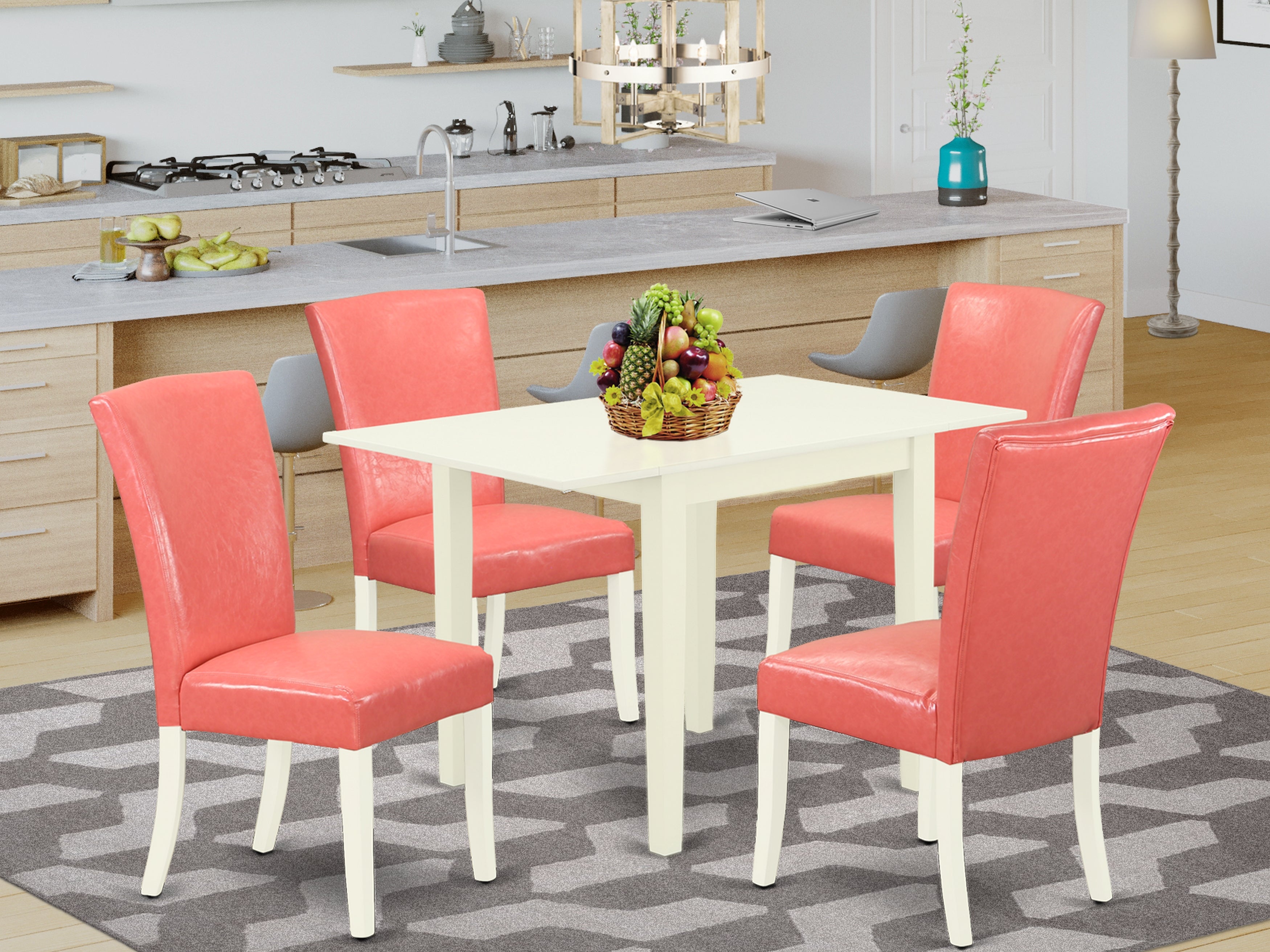 East West Furniture NDAL5-LWH-78 Dining Set 5 Pc - Four Chairs for Dining Room and a Wood Dining Table - Linen White Finish Hardwood - Pink Flamingo Color Pu Leather