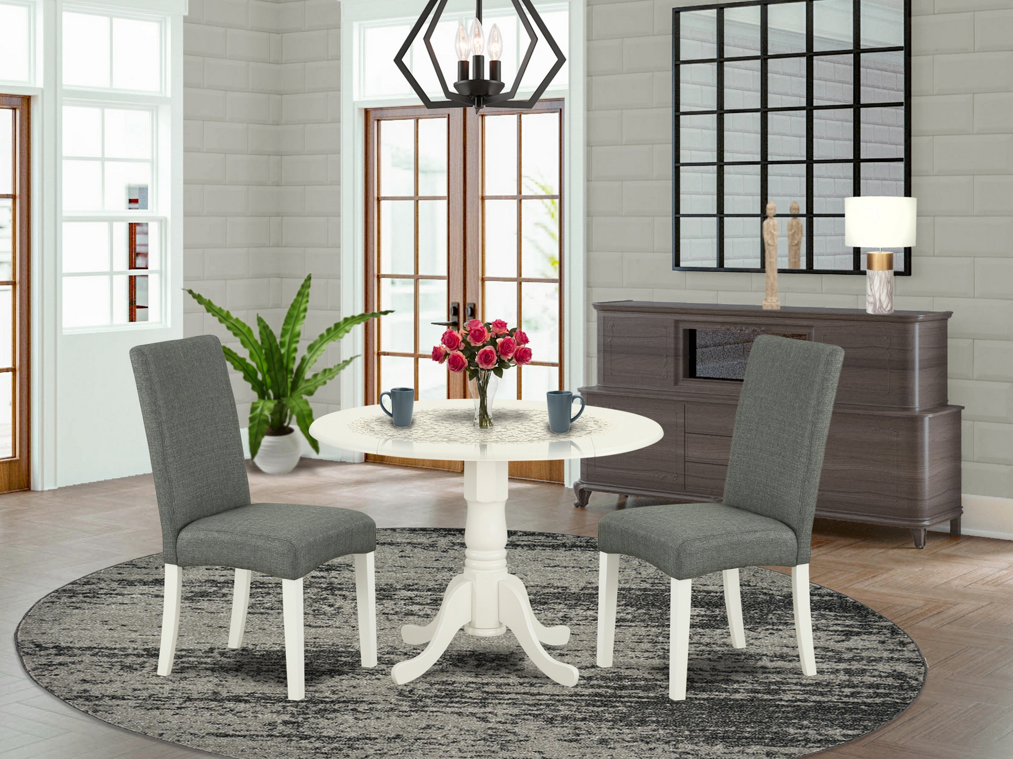 DLDR3-LWH-07 3Pc Round 42 Inch Dining Table With Two 9-Inch Drop Leaves And Two Parson Chair With Linen White Finish Leg And Linen Fabric- Gray Color