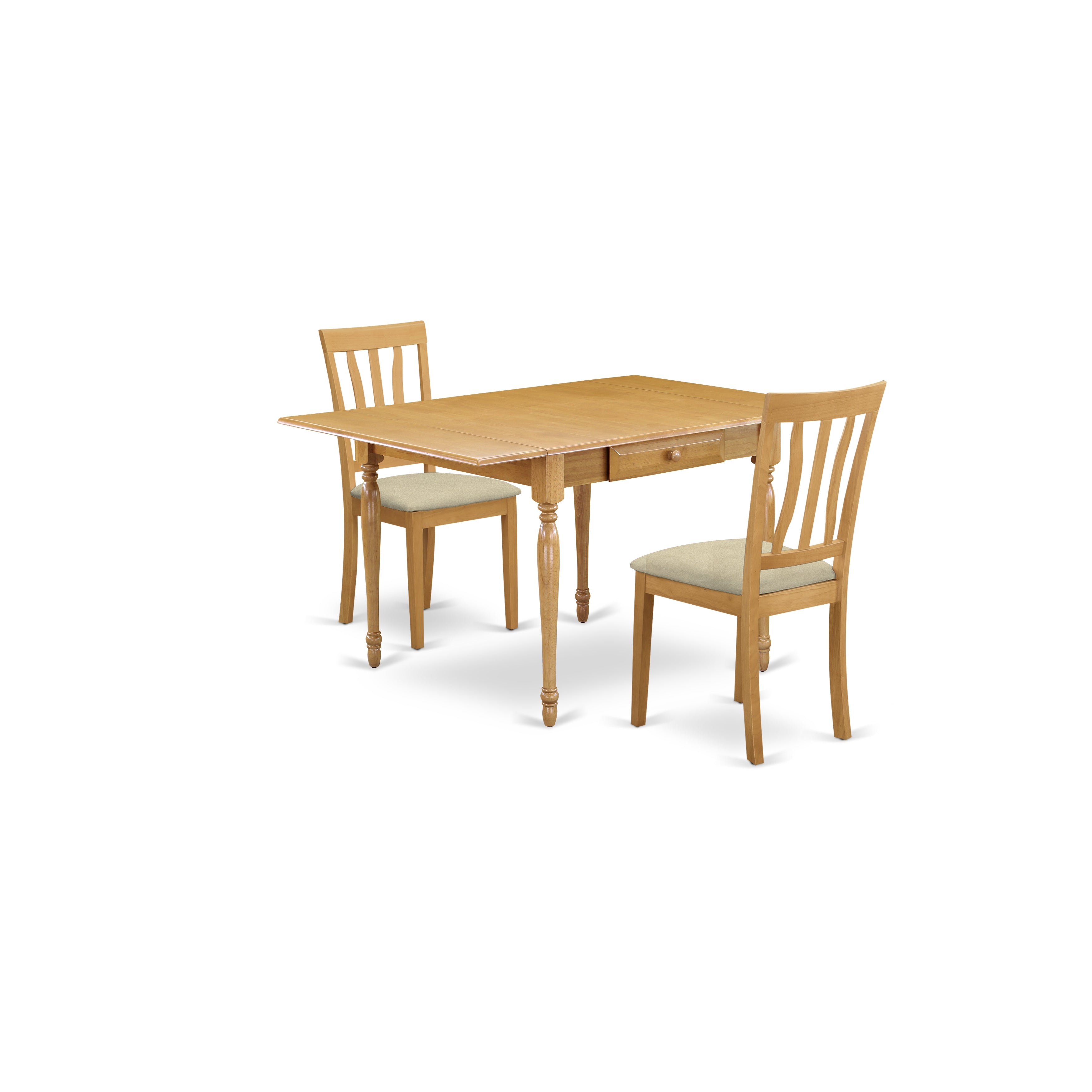 East West Furniture MZAN3-OAK-C 3Pc Dining Room Table Set Includes a Dining Table and 2 Dining Chairs with Microfiber Upholstery Seat, Drop Leaf Table with Slat Back Chairs, Oak Finish