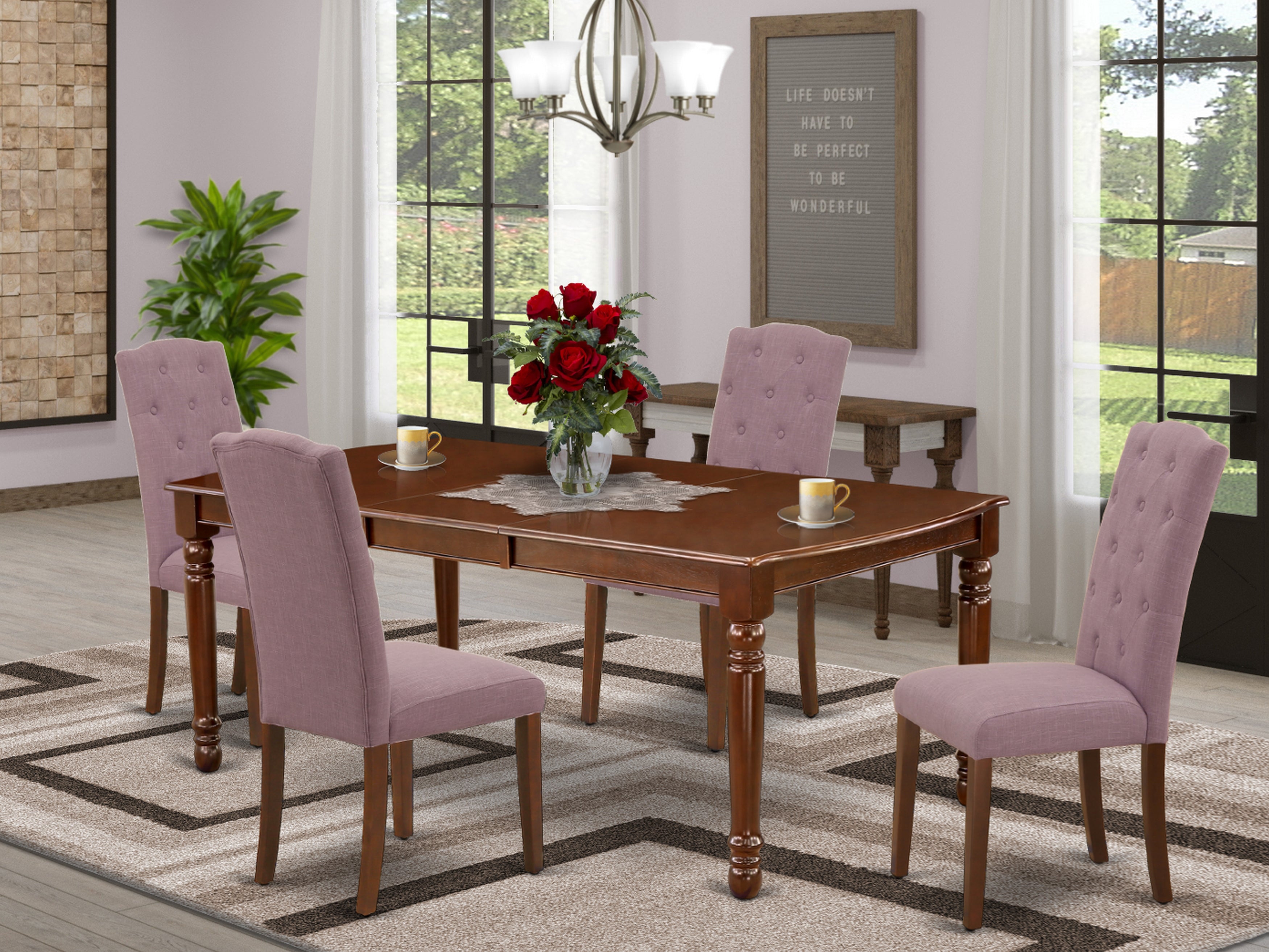 DOCE5-MAH-10 5Pc Dining Set Includes a Rectangle Dinette Table with Butterfly Leaf and Four Parson Chairs with Dahlia Fabric, Mahogany Finish