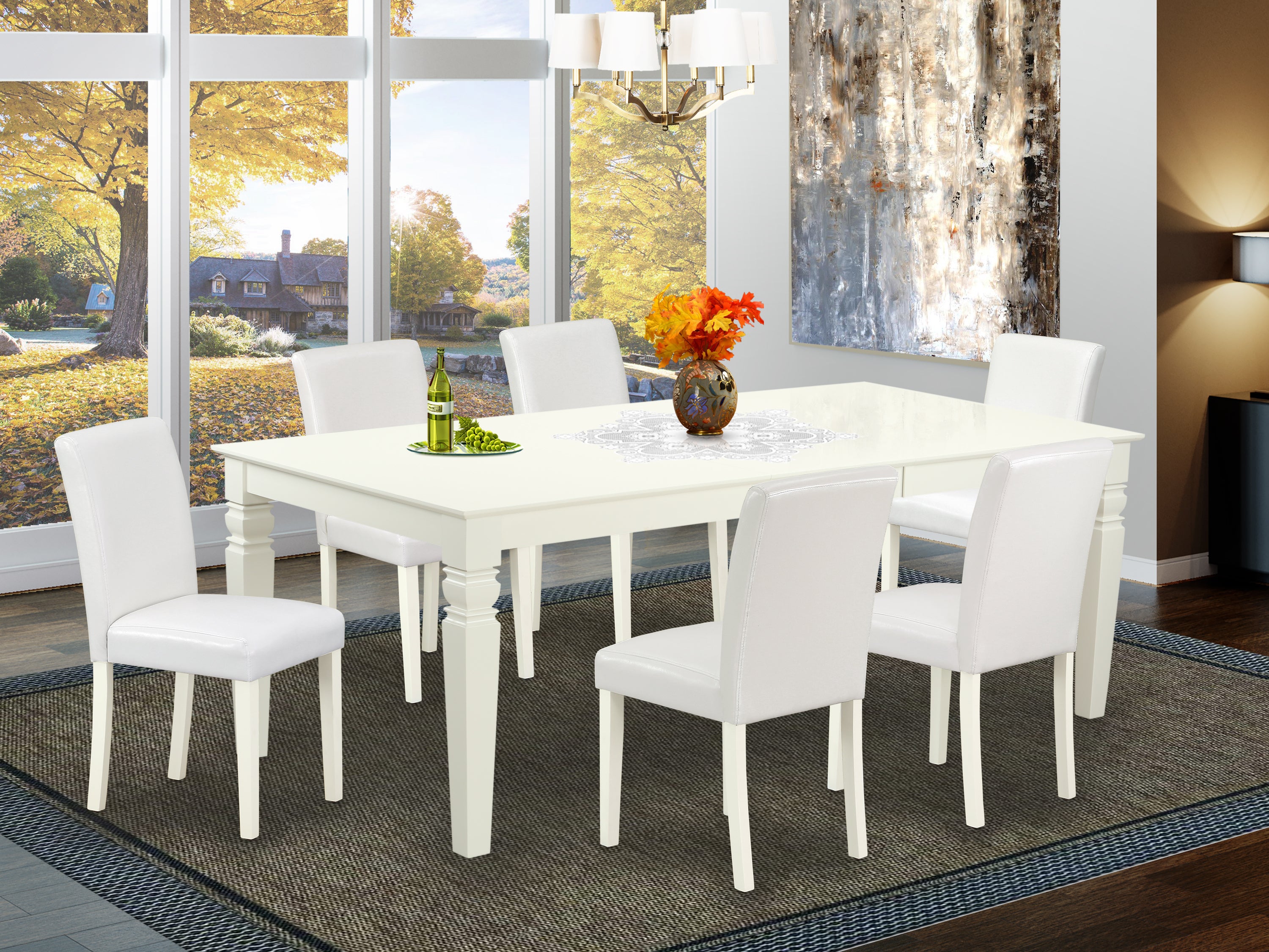 LGAB7-LWH-64 7Pc Rectangle 66/84" Kitchen Table With 18 In Self Storing Butterfly Leaf And Six Parson Chair With Linen White Leg And Pu Leather Color White