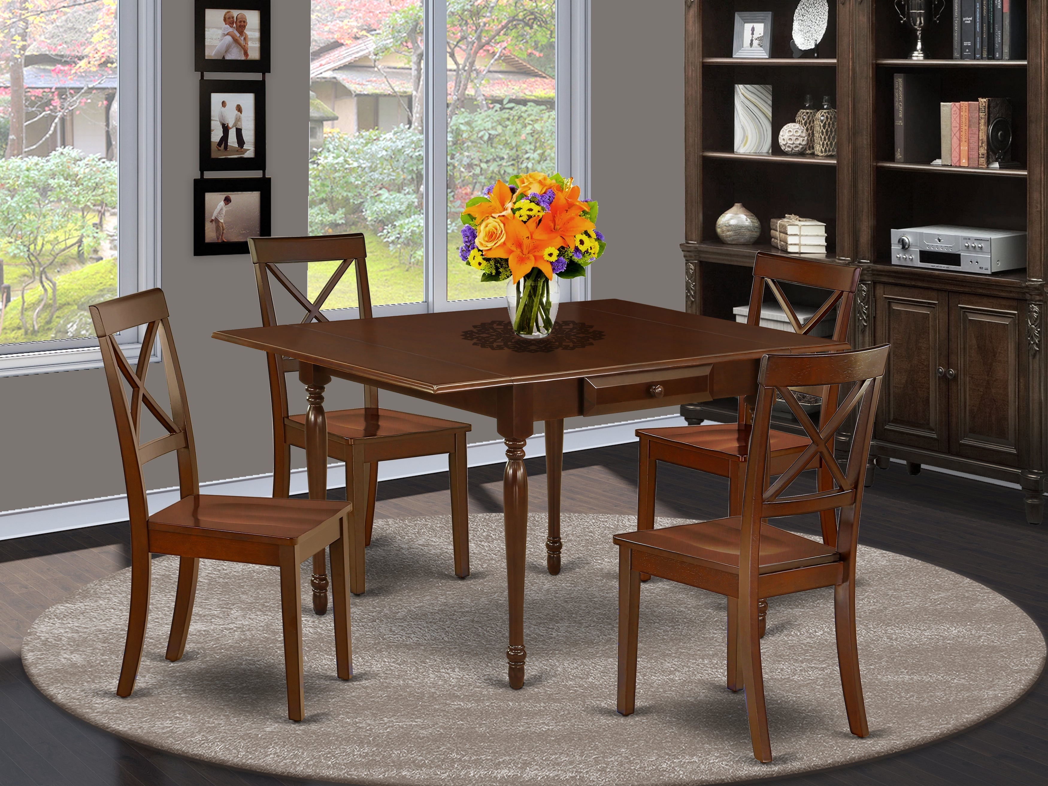 East West Furniture MZBO5-MAH-W 5Pc Dining Table Set for 4 Contains a Rectangle Table and 4 Kitchen Chairs with Wooden Seat, Drop Leaf Table with X Back Chairs, Mahogany Finish