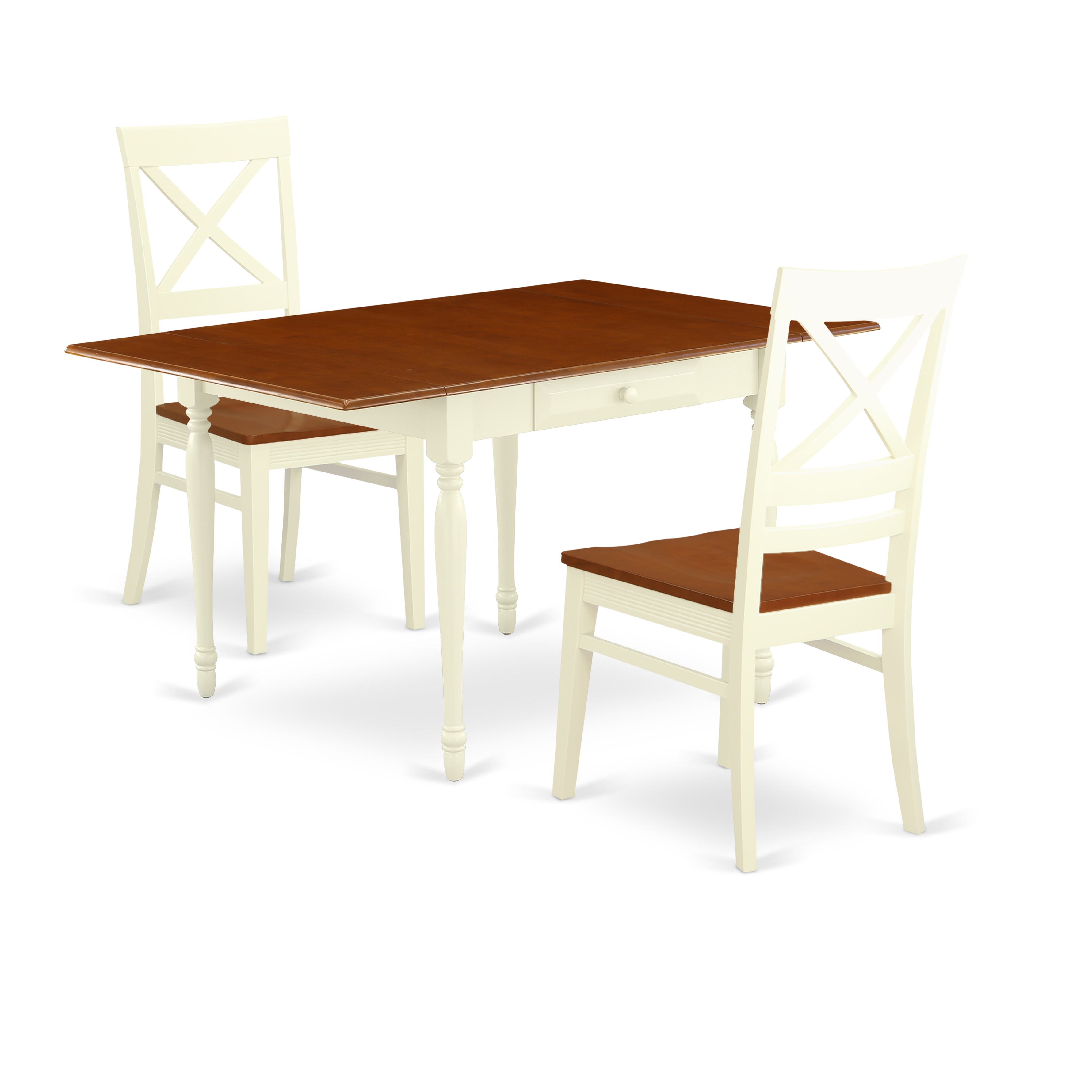 East West Furniture MZQU3-WHI-W 3 Pieces Dining Table set - Heavy Duty Drop Leaf Real Wood Rectangular Table and 2 Hardwood Seat Kitchen Chairs, Buttermilk and Cherry Finish