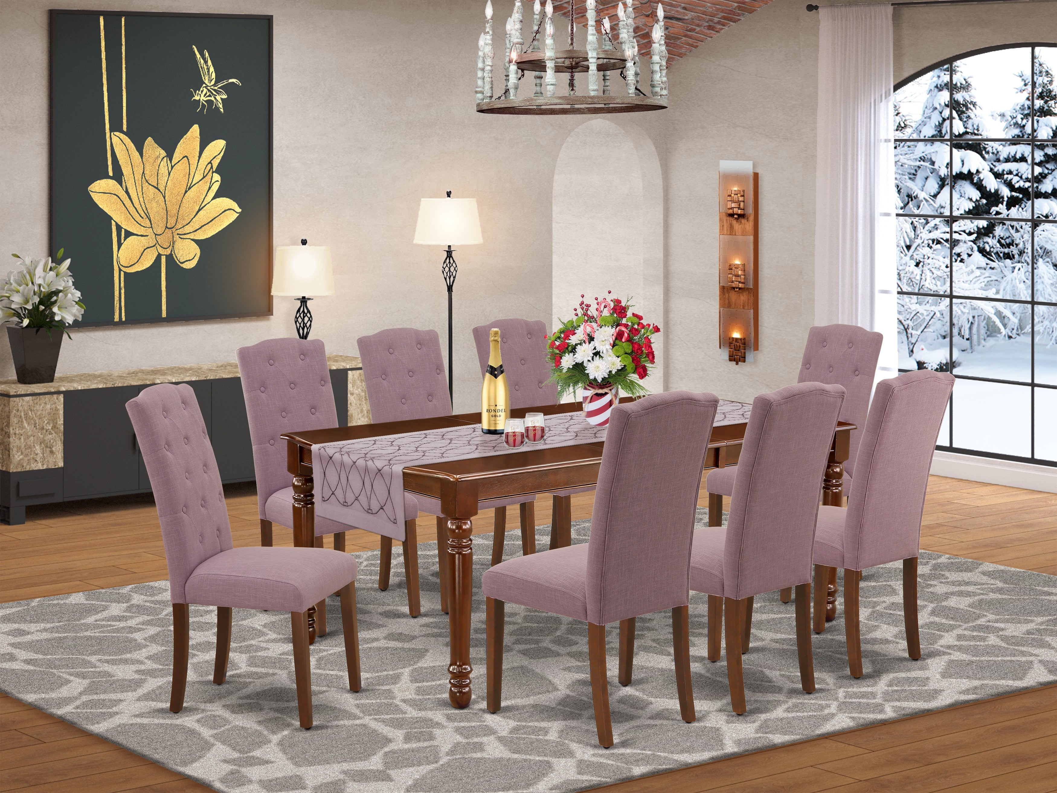 DOCE9-MAH-10 9Pc Dining Set Includes a Rectangle Dinette Table with Butterfly Leaf and Eight Parson Chairs with Dahlia Fabric, Mahogany Finish