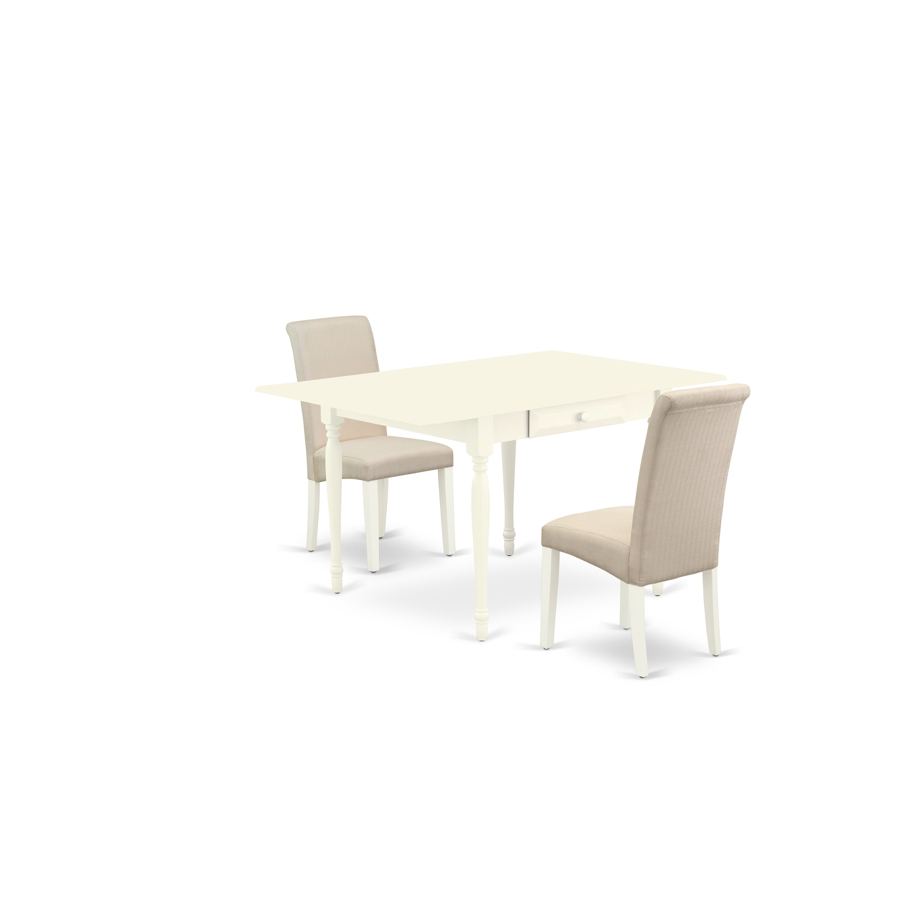 East West Furniture MZBA3-LWH-01 3Pc Dining Table Set Consists of a Dinette Table and 2 Parson Dining Chairs with Cream Color Linen Fabric, Drop Leaf Table with Full Back Chairs, Linen White Finish