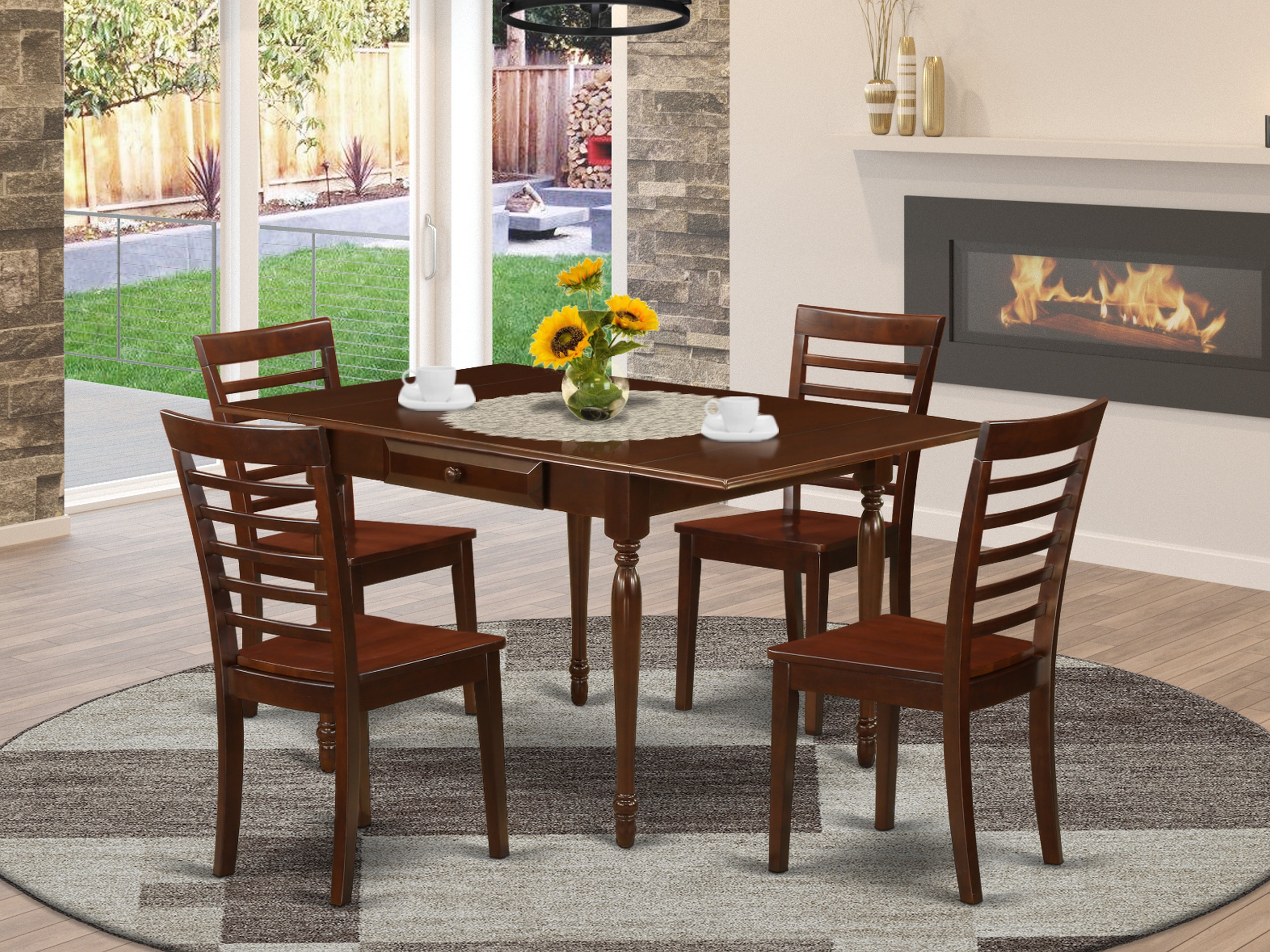 East West Furniture MZML5-MAH-W 5 Pieces Dining Table set - Durable Drop Leaf Hardwood Wood Kitchen Table and 4 Hardwood Seat Kitchen Dining Chairs, Mahogany Finish