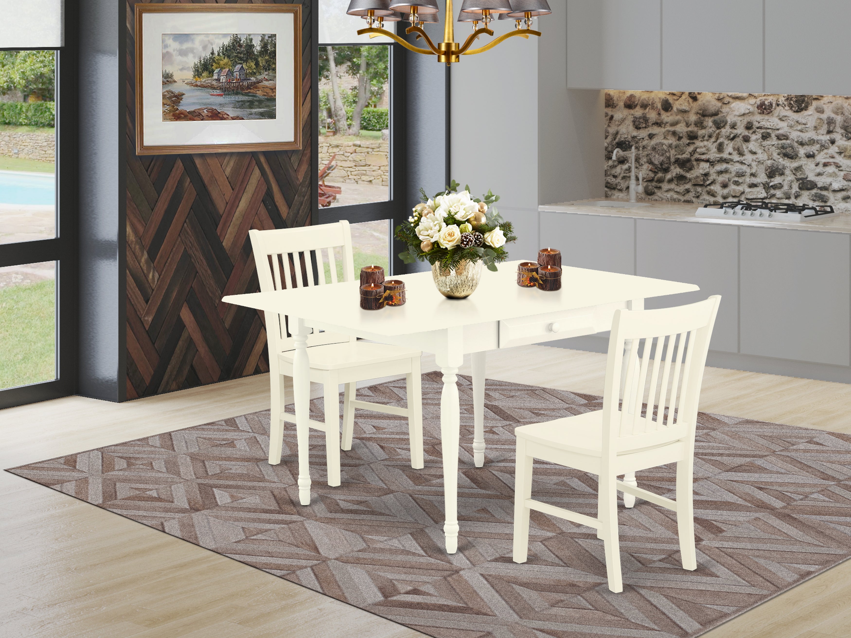 East West Furniture MZNO3-LWH-W 3 Pieces Dining Kitchen Table set - Strong Drop Leaf Hardwood Rectangular Table and 2 Solid Wood Seat Modern Dining Chairs, Linen White Finish