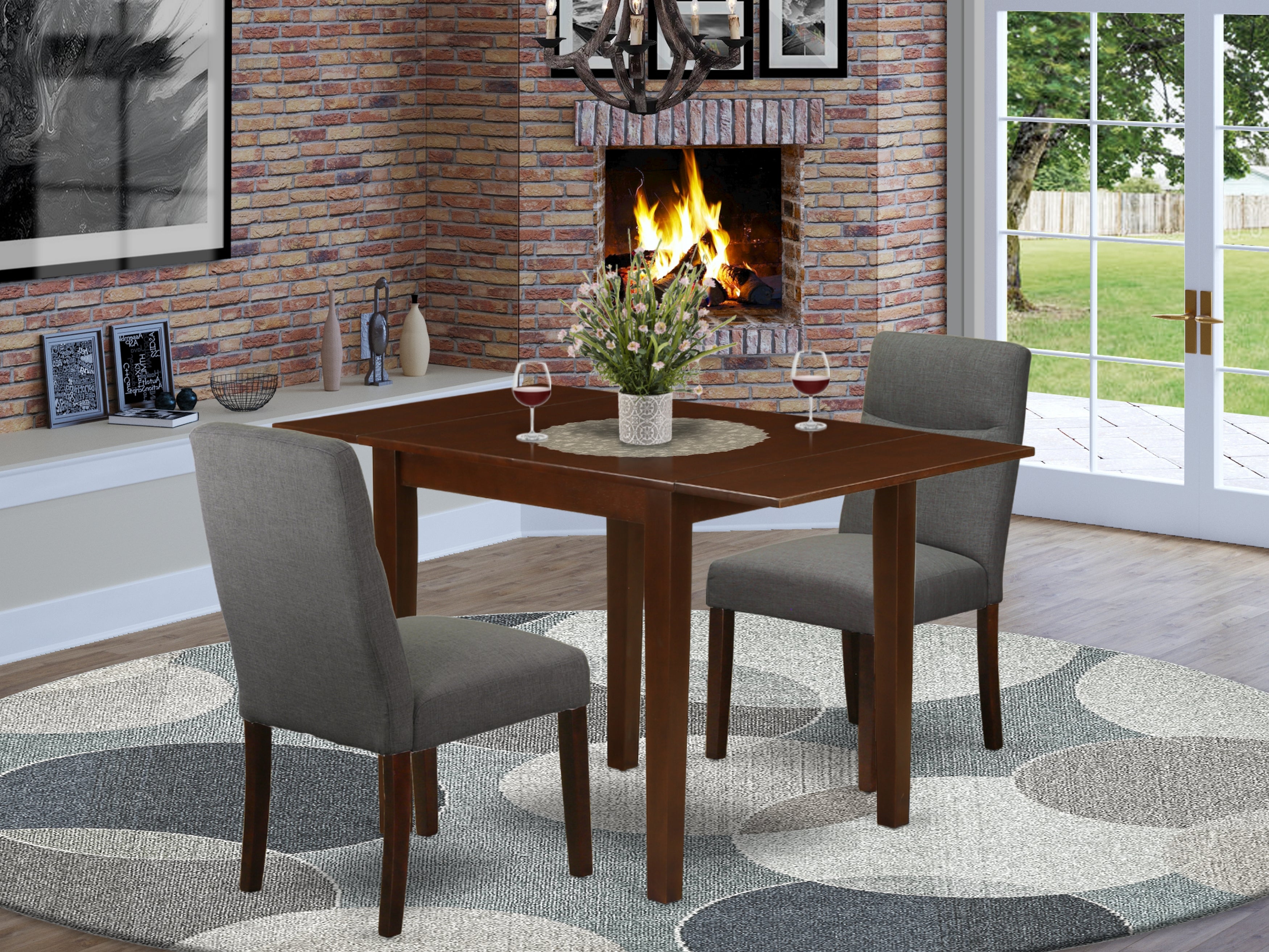 East West Furniture NDBE3-MAH-06 Dinette Set 3 Pc - Two Parson Chairs and a Dinner Table - Mahogany Finish Solid wood - Shitake Color Linen Fabric