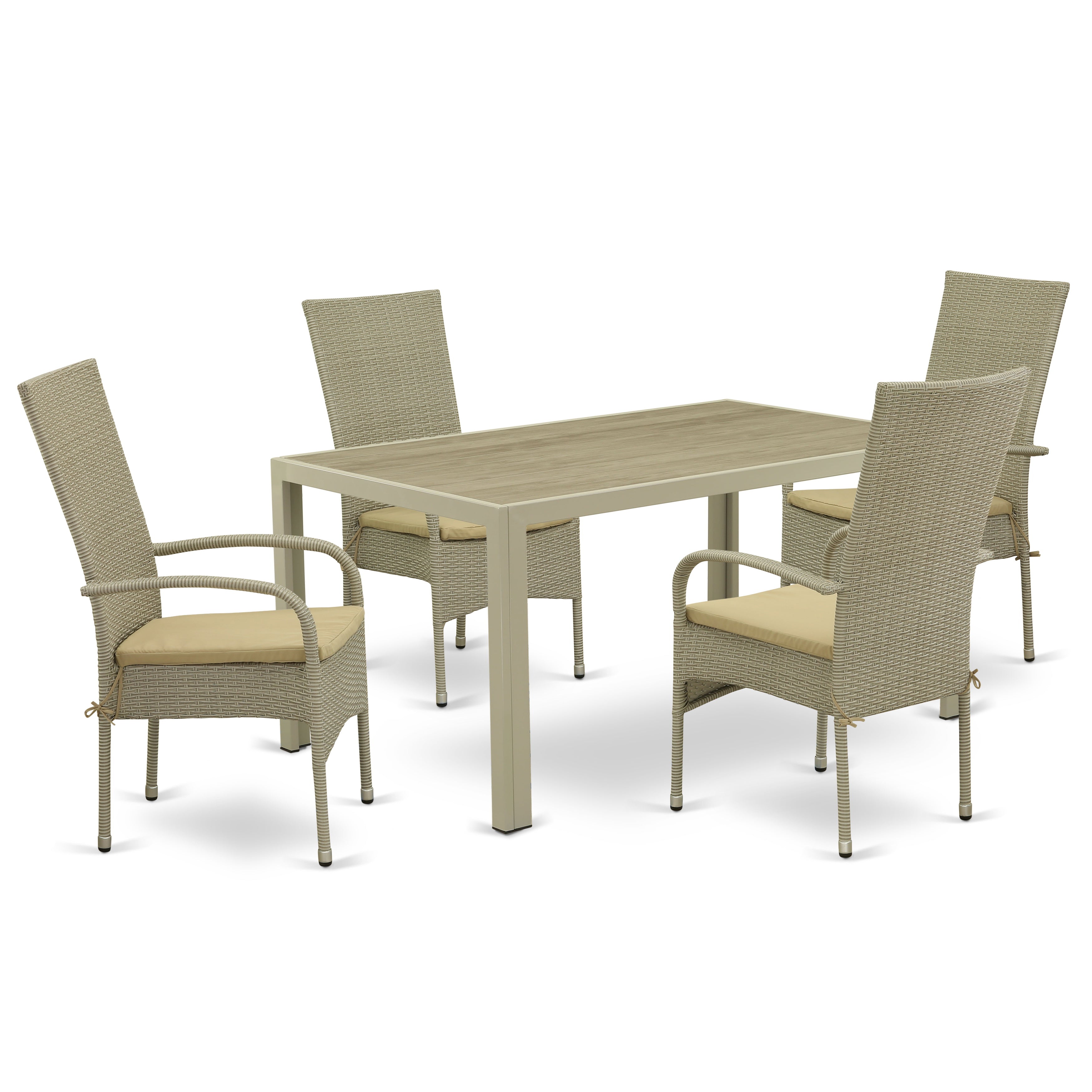 JUOS5-03A 5Pc Outdoor-Furniture Natural Color Wicker Dining Set Includes a Patio Table and 4 Balcony Backyard Armchair with Linen Fabric Cushion