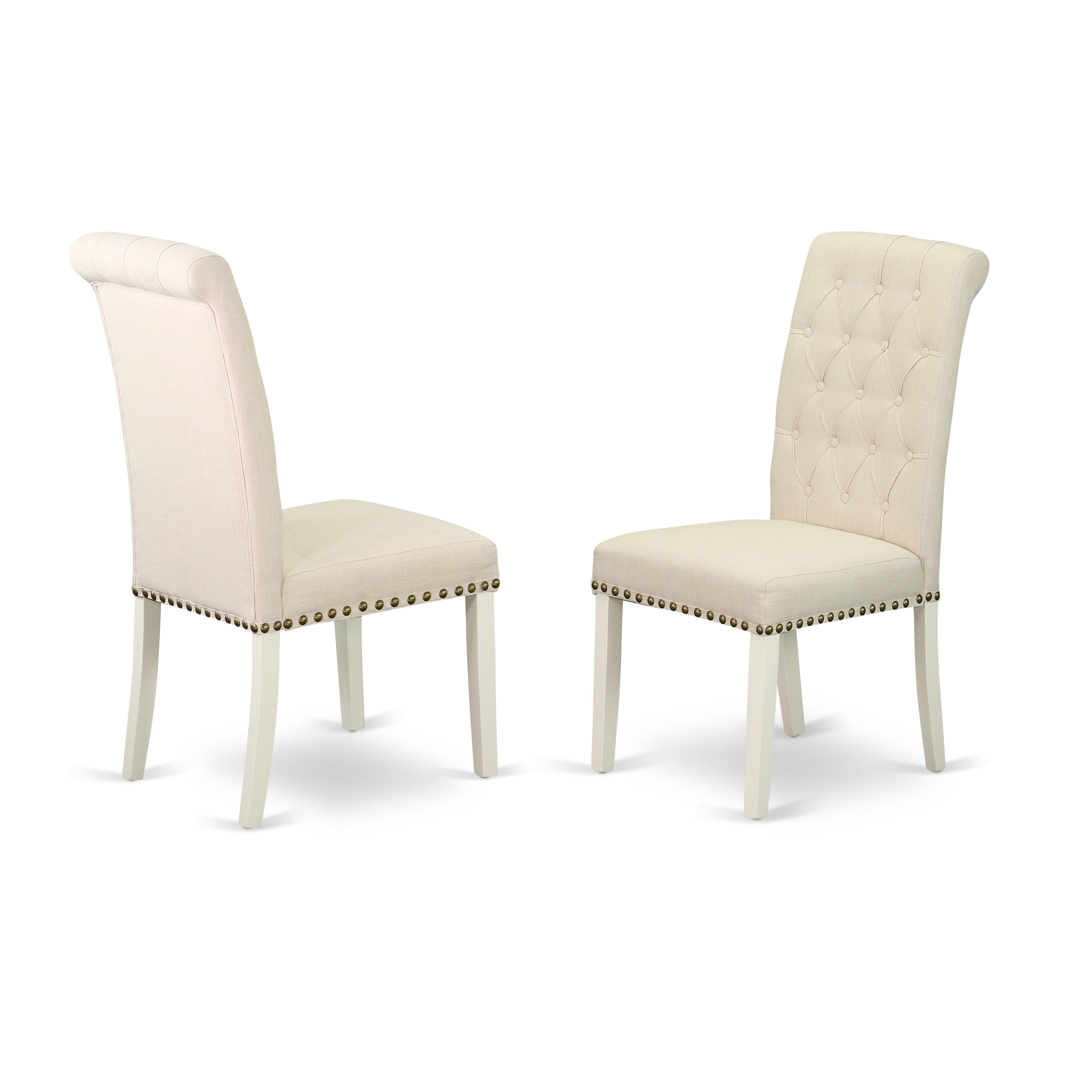 East West Furniture MZBR3-LWH-02 3Pc Dining Table Set Contains a Kitchen Table and 2 Parsons Chairs with Light Beige Color Linen Fabric, Drop Leaf Table with Full Back Chairs, Linen White Finish