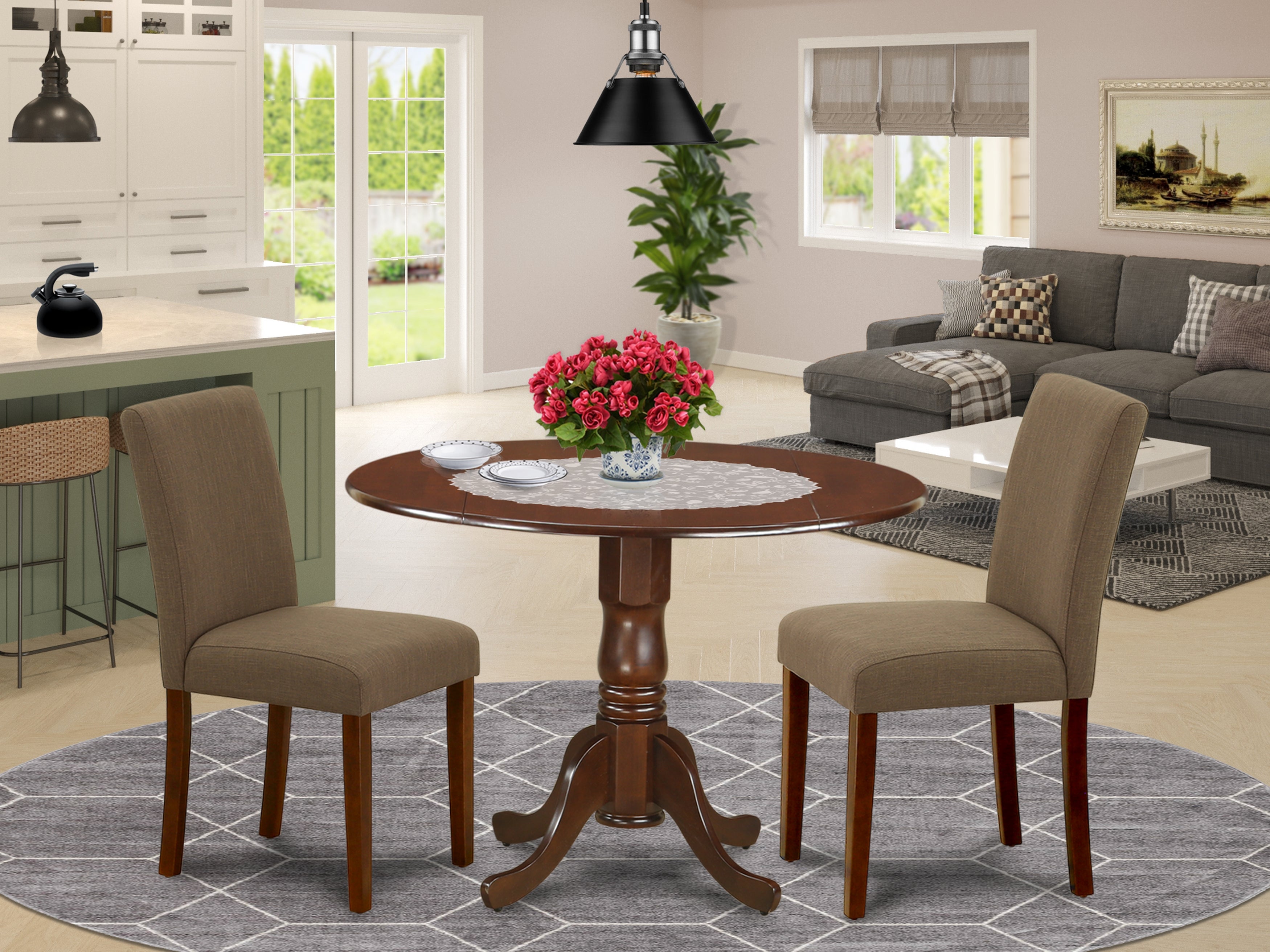DLAB3-MAH-18 3Pc Round 42" Dining Room Table With Two 9-Inch Drop Leaves And 2 Parson Chair With Mahogany Leg And Linen Fabric Coffee