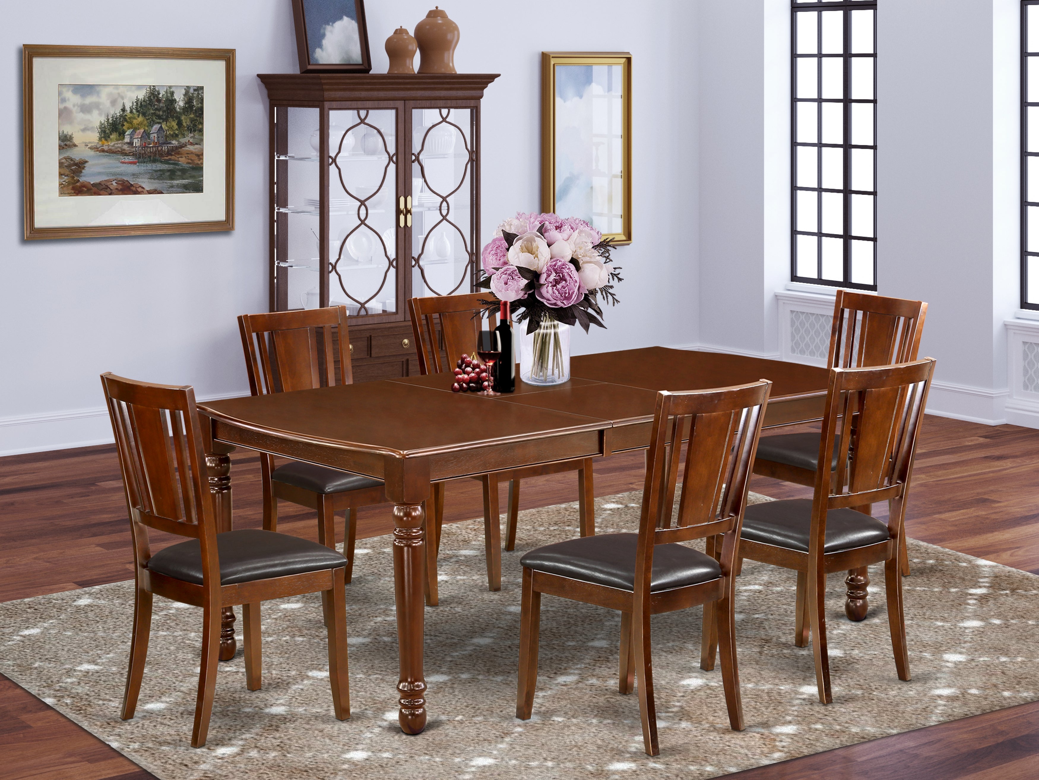 DODU7-MAH-LC 7Pc Rectangular 60/78 Inch Dining Room Table With 18 In Butterfly Leaf And 6 Faux Leather Seat Chairs