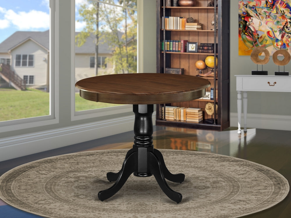 AMT-WBK-TP Antique Dining Table Made of Rubber Wood offering Walnut Finish Table Top, 36 Inch Round, Wirebrushed Black Pedestal
