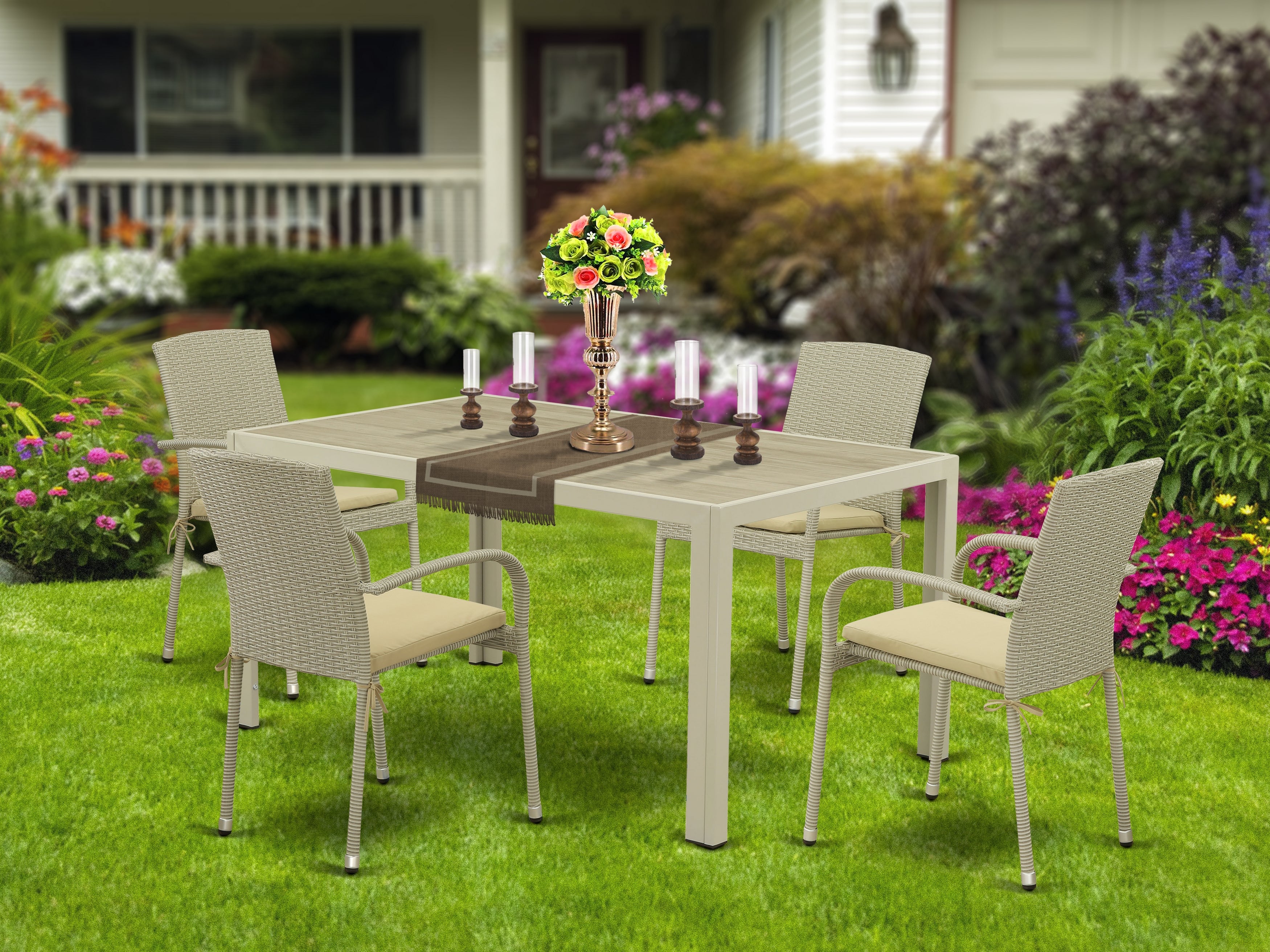 JUJU5-03A 5Pc Outdoor-Furniture Natural Color Wicker Dining Set Includes a Patio Table and 4 Balcony Backyard Armchair with Linen Fabric Cushion