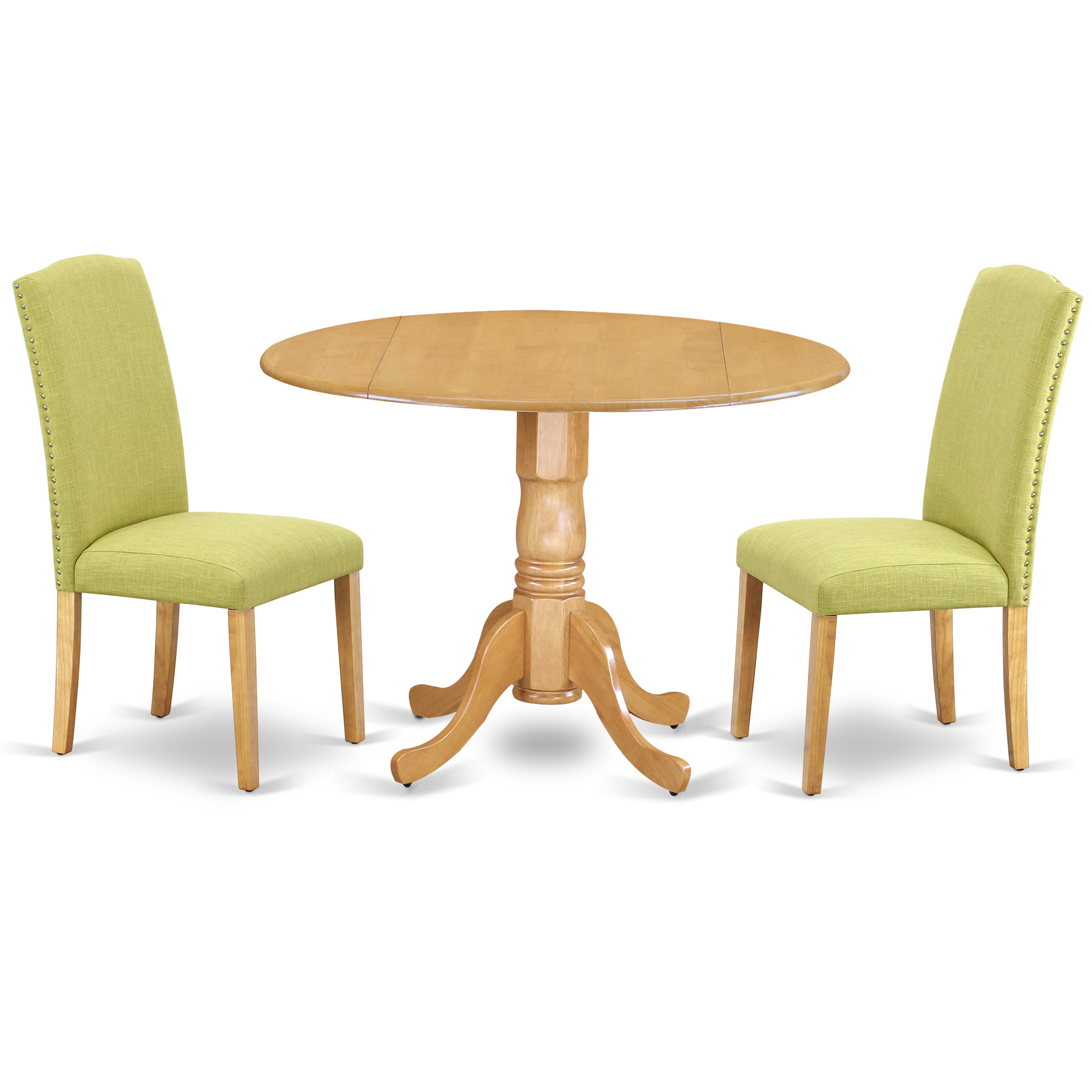DLEN3-OAK-07 3Pc Round 42 Inch Kitchen Table With Two 9-Inch Drop Leaves And A Pair Of Parson Chair With Oak Leg And Linen Fabric Limelight