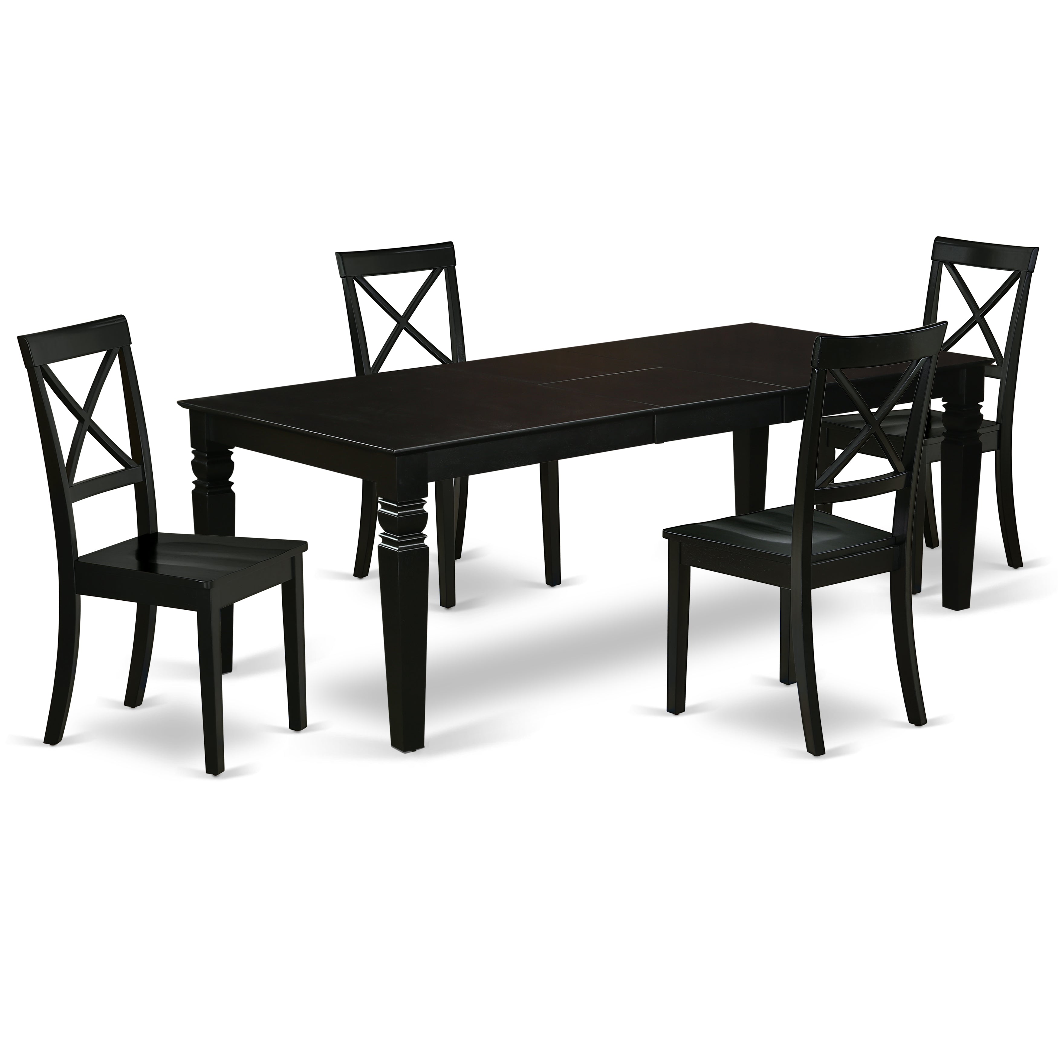 LGBO5-BLK-W 5Pc Rectangular 66/84 Inch Dining Room Table With 18 In Self Storing Butterfly Leaf And 4 Wood Seat Dining Chairs
