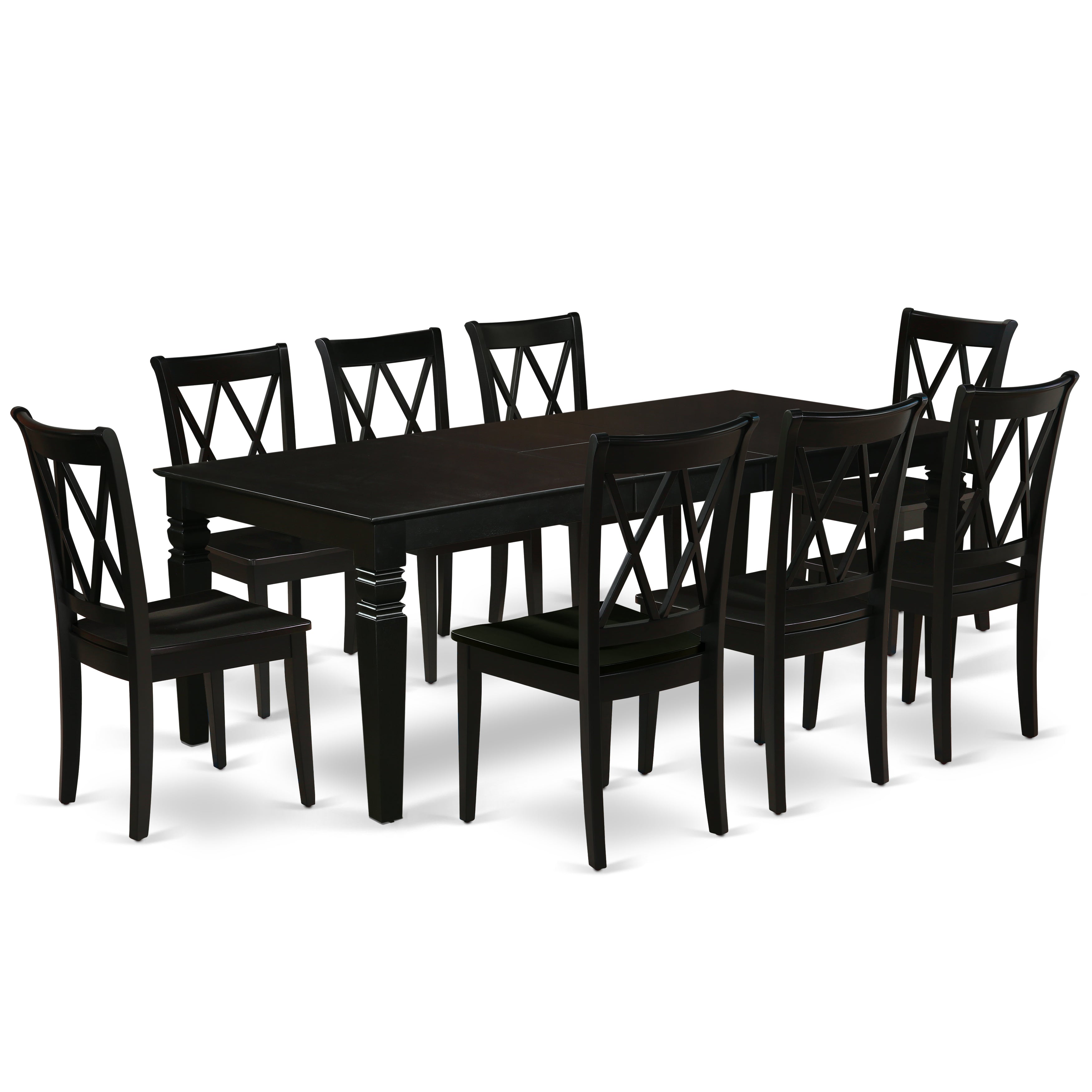 LGCL9-BLK-W 9Pc Rectangle 66/84" Dining Table With 18 In Leaf And 8 Wood Seat Dining Chairs