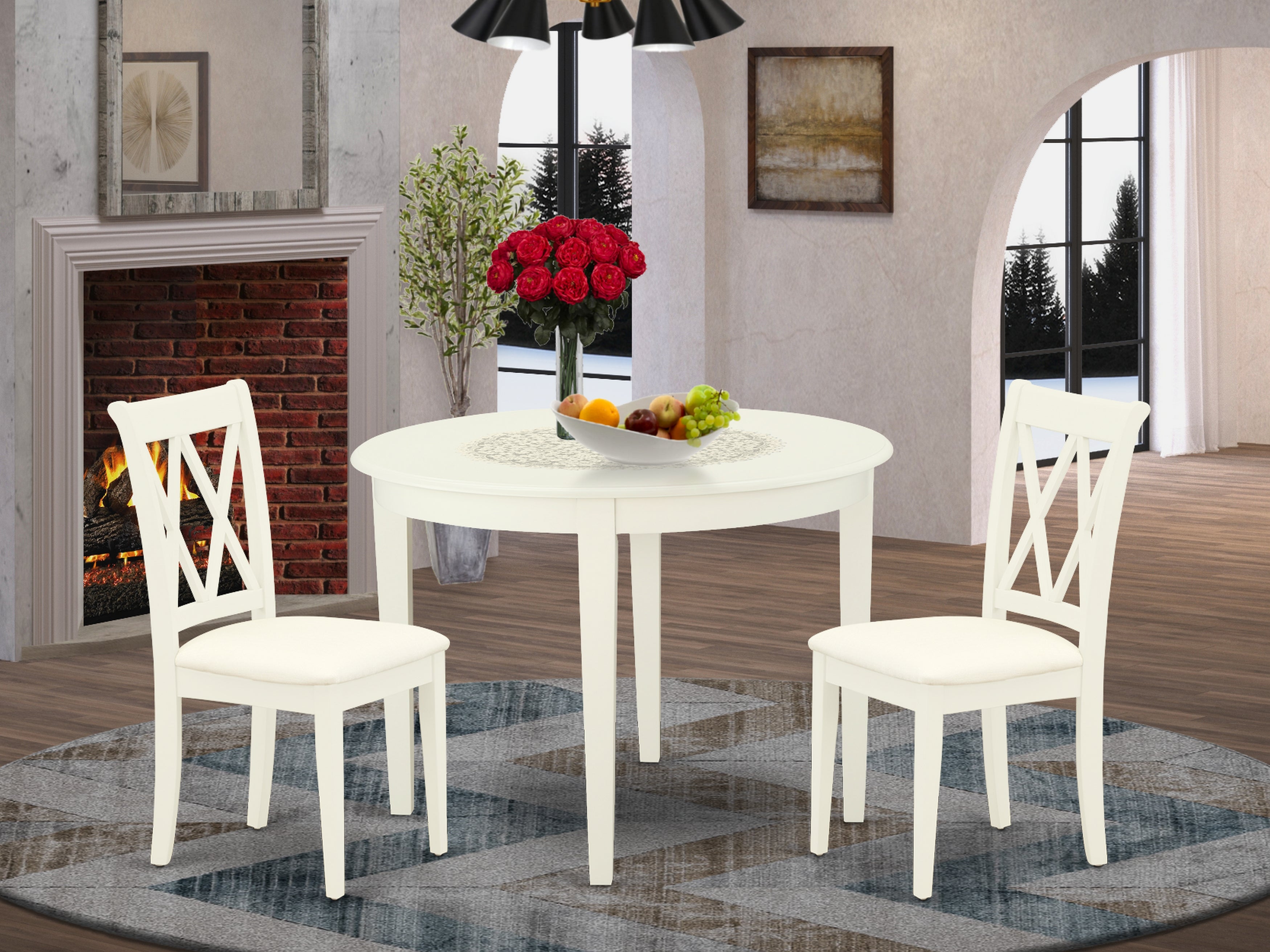 BOCL3-WHI-C 3Pc Dinette Set Includes a Rounded Kitchen Table and Two Double X Back Microfiber Seat Dining Chairs, White Finish