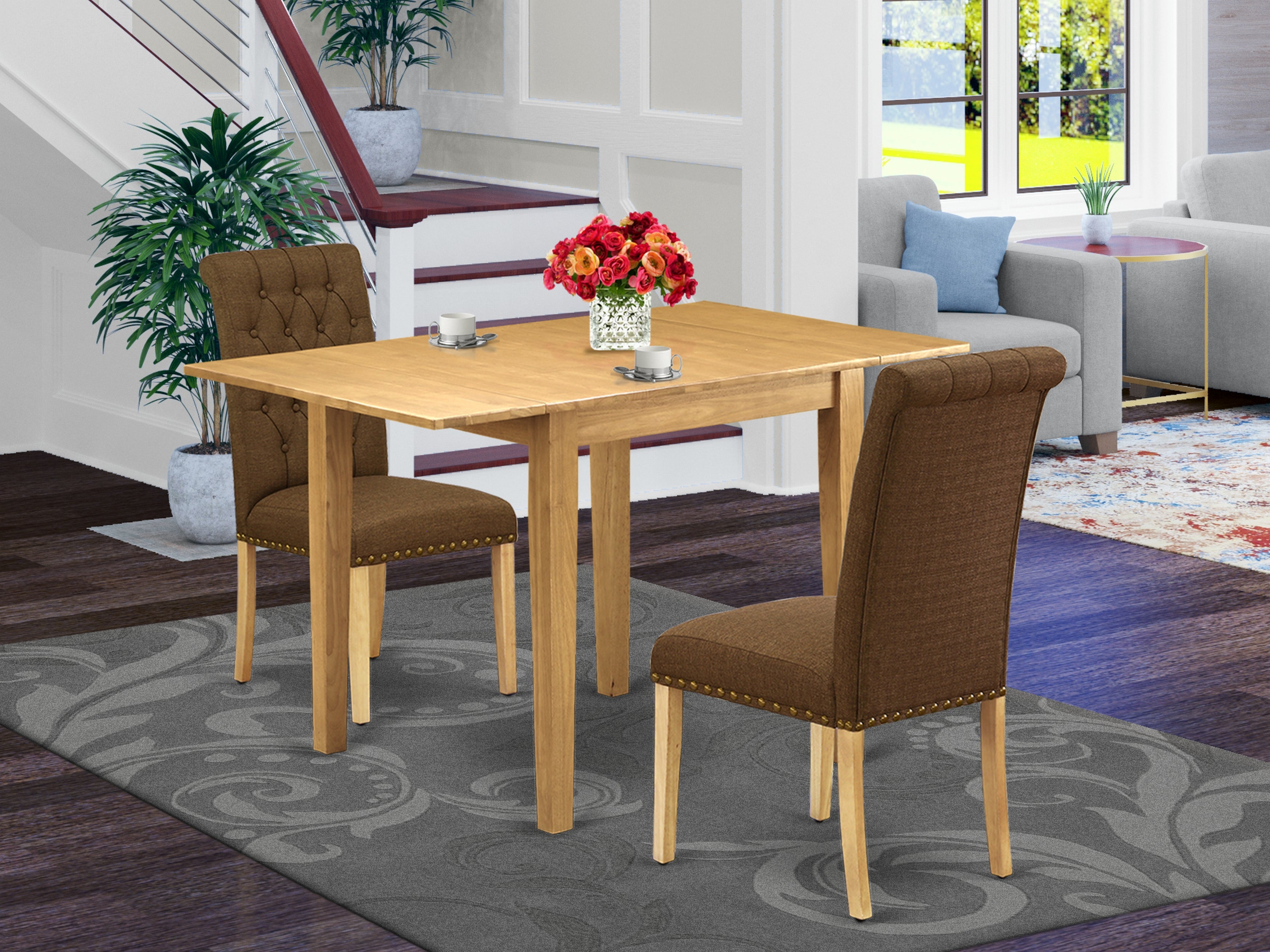 East West Furniture NDBR3-OAK-18 Dining Table Set 3 Pc - 2 Parson Chairs and a Dining Room Table - Oak Finish Hardwood - Brown Color Linen Fabric